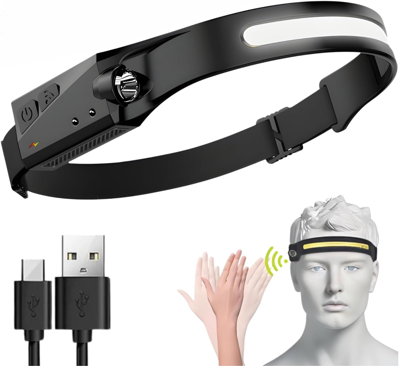 EZONEDEAL LED Headlamp Rechargeable Waterproof, Bright Headlamp Flashlight, 350 Lumen Wide Beam, Motion Sensor, 230&deg; Illumination & Spotlight,Lightweight Head Lamp for Camping, Running, Hiking, image number 3