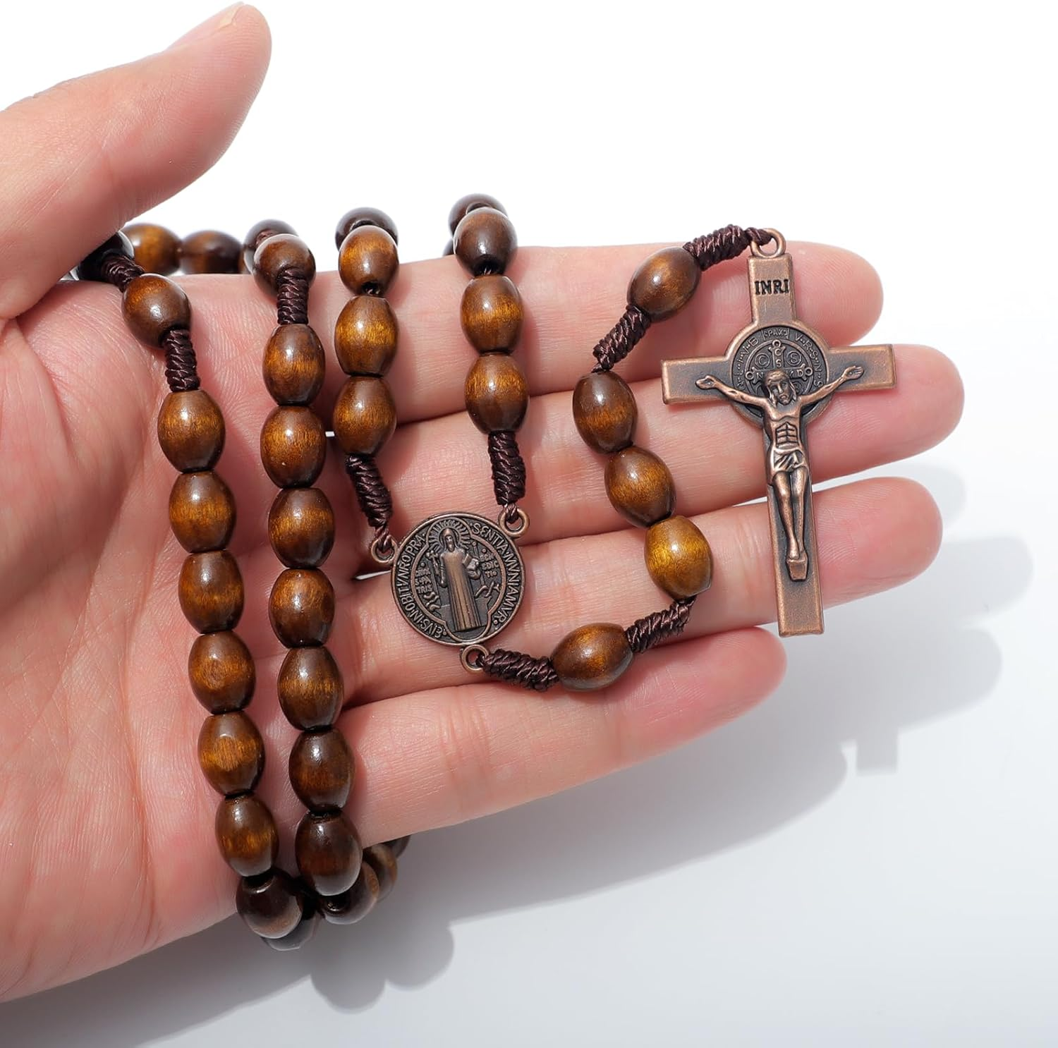 KOMI Handmade Wooden Catholic Rosaries, Rosary Beads Necklace from Bethlehem Wood Christian Prayer Holy Soil Medal & Metal Cross for Catholic or Christian Gift