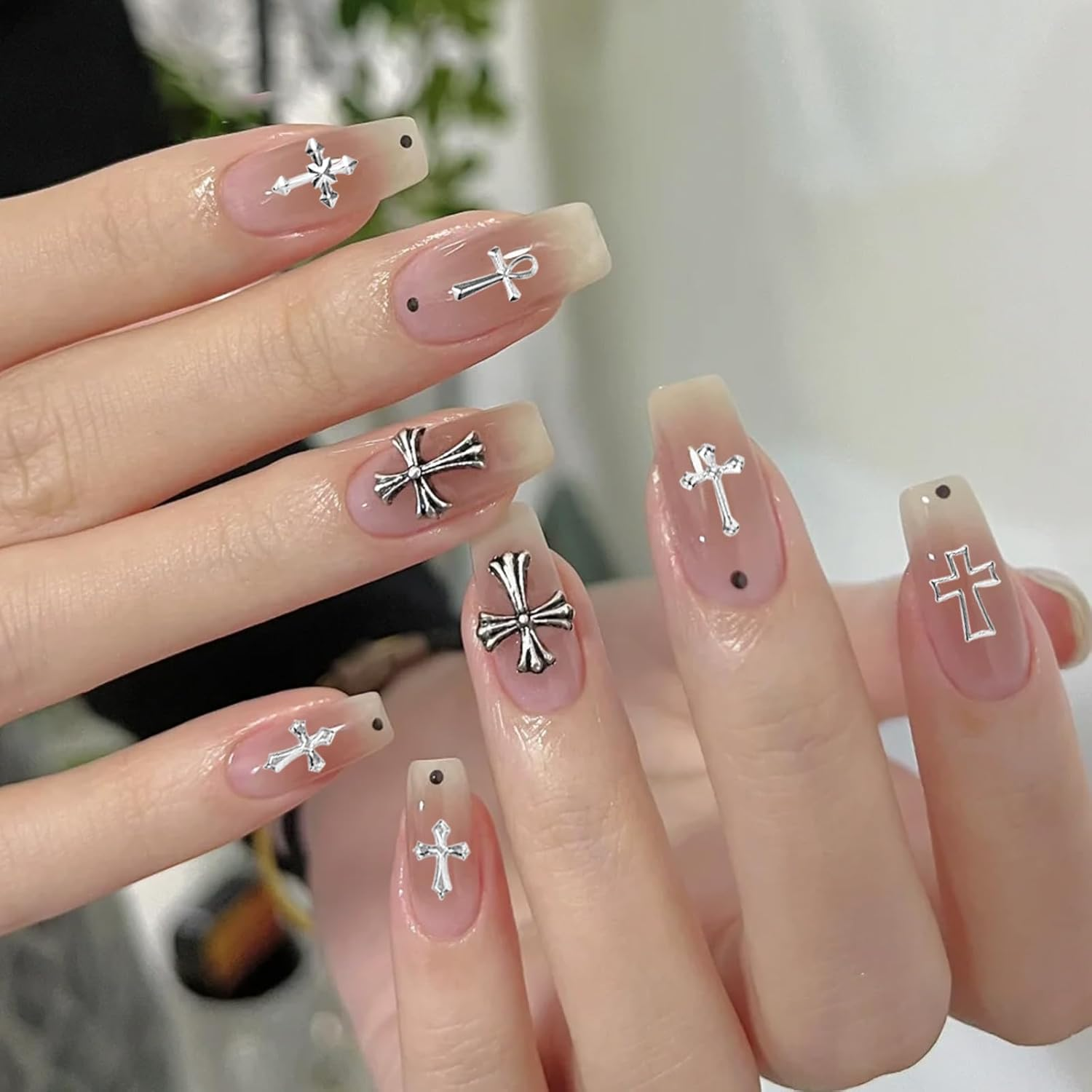 PEKLLOCY 1 Box 3D Gold & Silver Cross Nail Charms, Trendy Metal Cross Accessories for Elegant Manicure, DIY Nail Decorations, Retro Punk Style