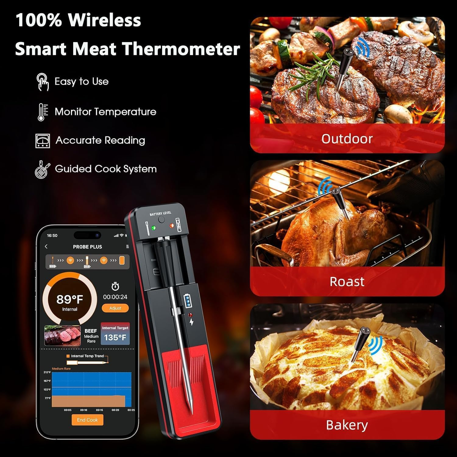 Wireless Meat Thermometer, 360FT Wireless Range Bluetooth Meat Thermometer with Accurate and Fast Readings, Smart Cooking Thermometer for BBQ Kitchen Smoker Rotisserie Grill image number 5