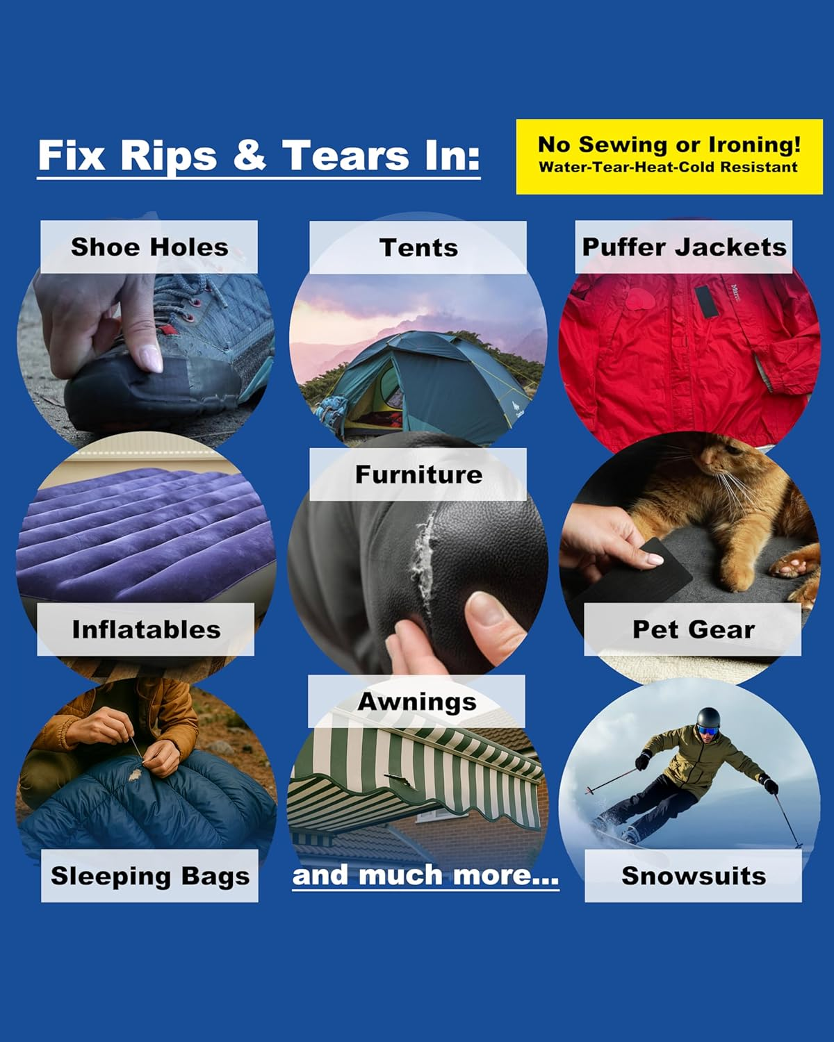 Azengear Repair Patches (2 Pack), Self-Adhesive, Waterproof, Tear-Cold-Heat-Resistant, Seal Tape to Fix Rips in down Jackets, Shoe Holes, Tents, Upholstery, Inflatables, Rvs (Black, 6X20Cm) image number 3