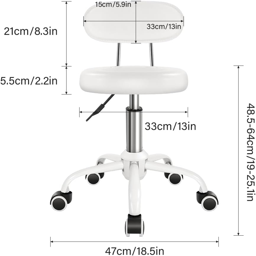 Rolling Stool with Wheels Swivel Stool with Back Height Adjustable Chair PU Leather Rolling Stools Ideal for SPA Salon Home Office Drafting Work (White) image number 5
