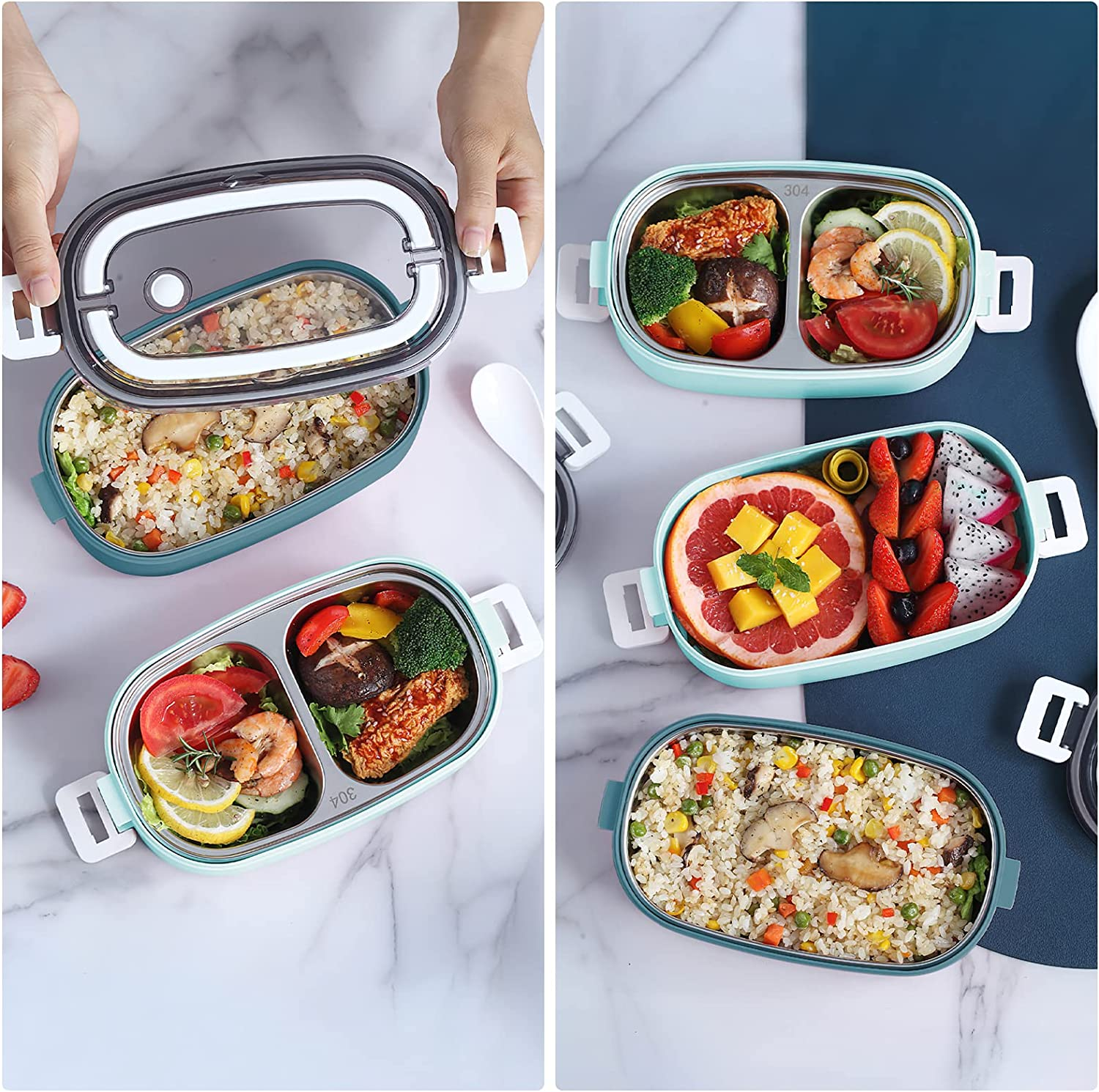 2 Tier Bento Box Lunch Box for Adults and Kids, Leakproof Bento Lunch Box with 3 Compartments and Cutlery (Spoon & Fork), Portable Adult Lunch Box with Lunch Bag for Work Office School image number 4