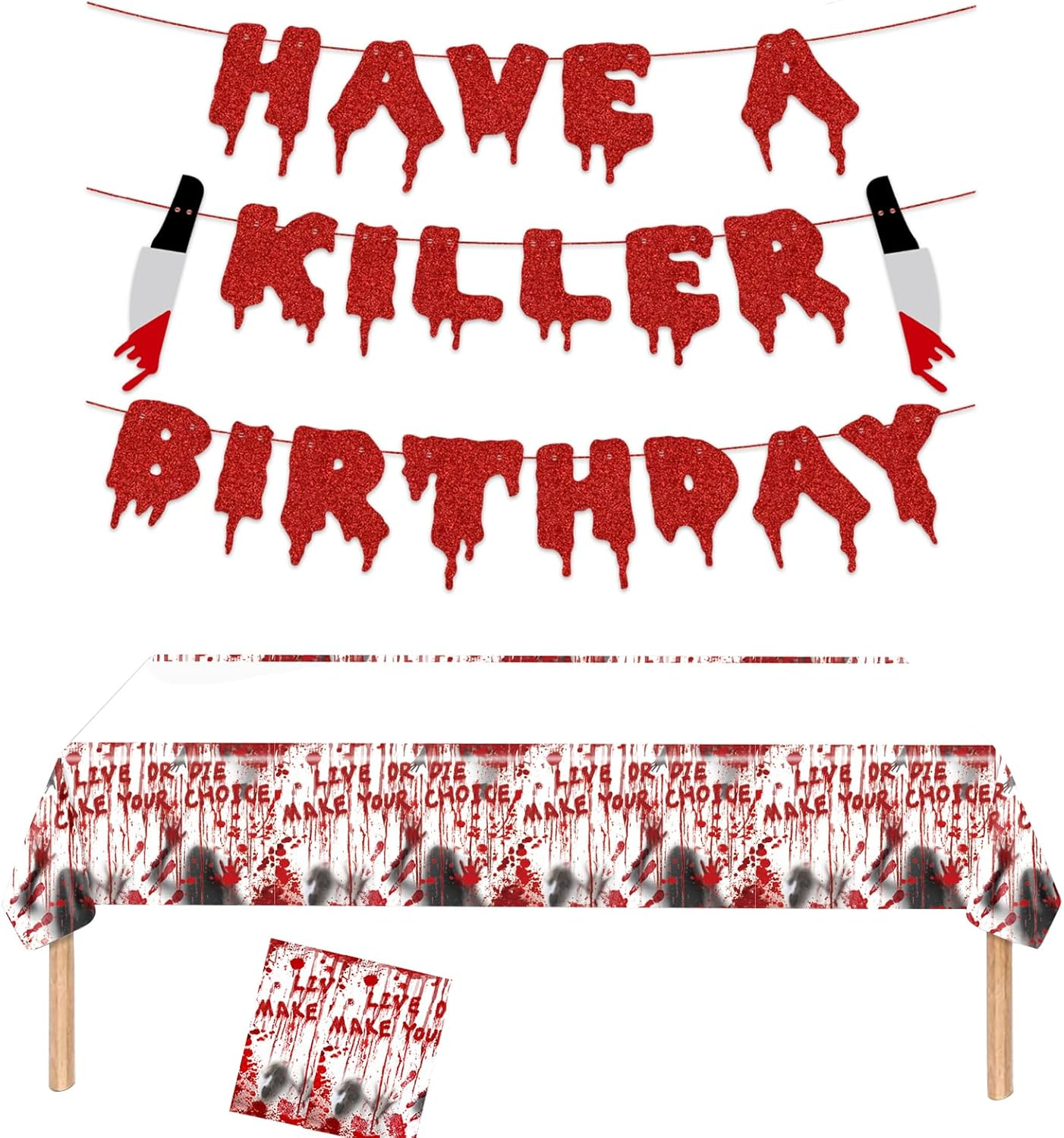 Have a Killer Birthday Party Banner Disposable Tablecloth for Halloween Birthday Halloween Bloody Horror Movie (Red)
