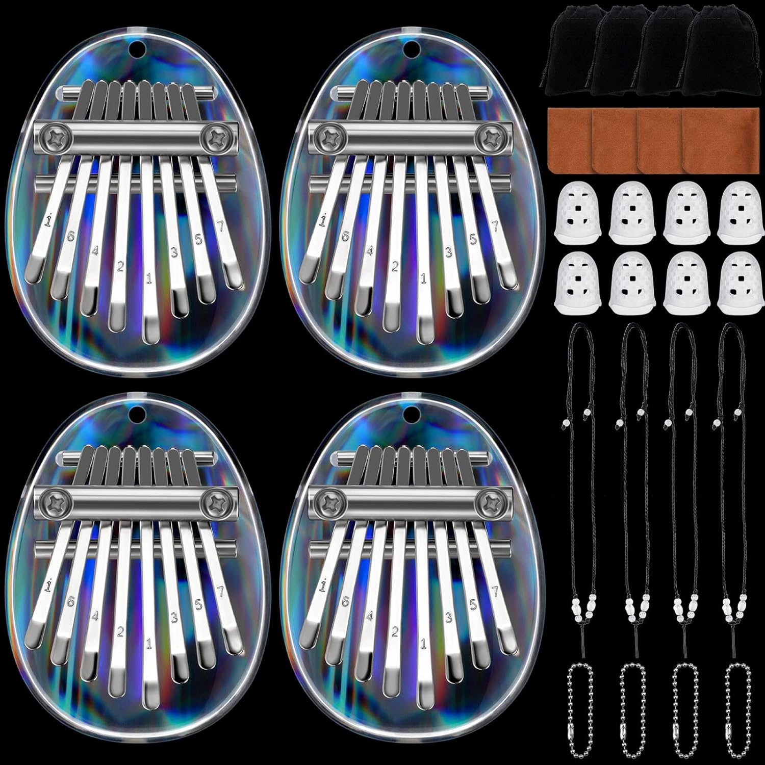 Konohan 24 Pcs 8 Keys Mini Kalimba Piano Set, Include 4 Mini Exquisite Finger Thumb Piano 4 Lanyard 4 Chains 8 Finger Protector 4 Cleaning Cloth for Kids Adults Beginners Gift (Cartoon Style)