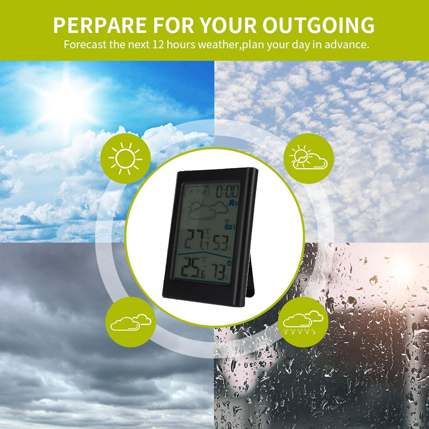 Zopsc Indoor Outdoor Digital Temperature Gauge, Digital Weather Thermometer with Wireless Alarm Clock Date for Outdoor Temperature and Daily High Low Records image number 3