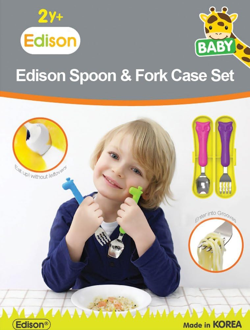 Edison Baby Flat Edge Spoon & Grooved Fork Set with Case (Baby, Owl Green/Blue Set) image number 4