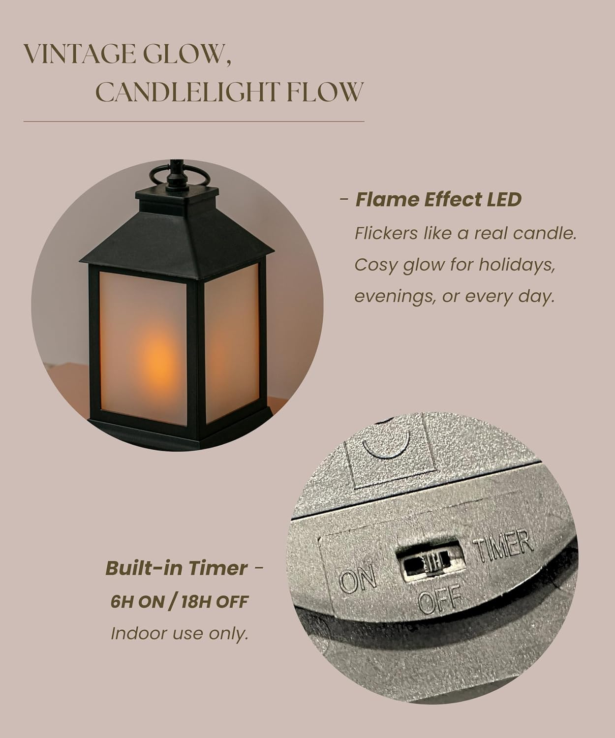 Meletē LED Lantern Light &ndash; 20.5Cm, Vintage Black, Flame Effect, Battery Operated with Timer &ndash; Cordless Hanging or Table Lantern for Indoor D&eacute;cor, Christmas, Weddings, Parties, Gifts image number 6