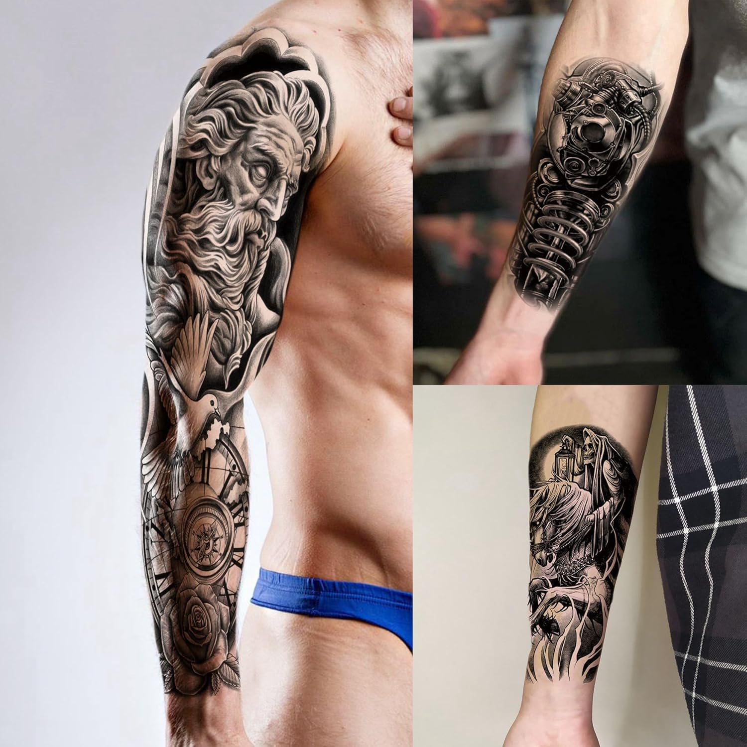 20 Sheets Black Wolf Tiger Lion Full Arm Temporary Tattoos Men Women Adhesive Tattoos Adults Ship Zeus God Rose Flower Half Sleeve Adhesive Tattoos for Sticking, Waterproof Fake Tattoo Stickers image number 3