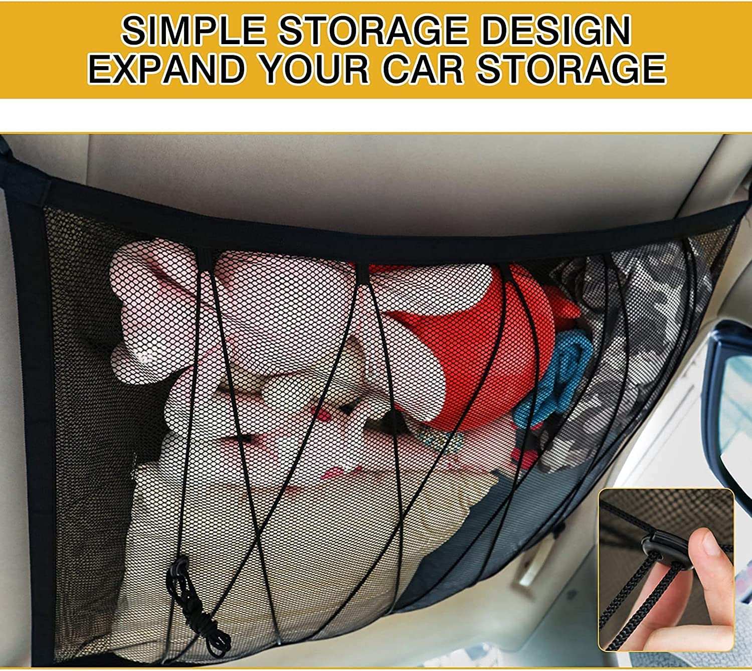 Car Ceiling Cargo Net Pocket, 90Cmx65Cm Adjustable Double-Layer Mesh SUV Roof Organizer Long Trip Storage Bag, Tent Putting Quilt Children'S Toy Towel Sundries Interior Accessories image number 1