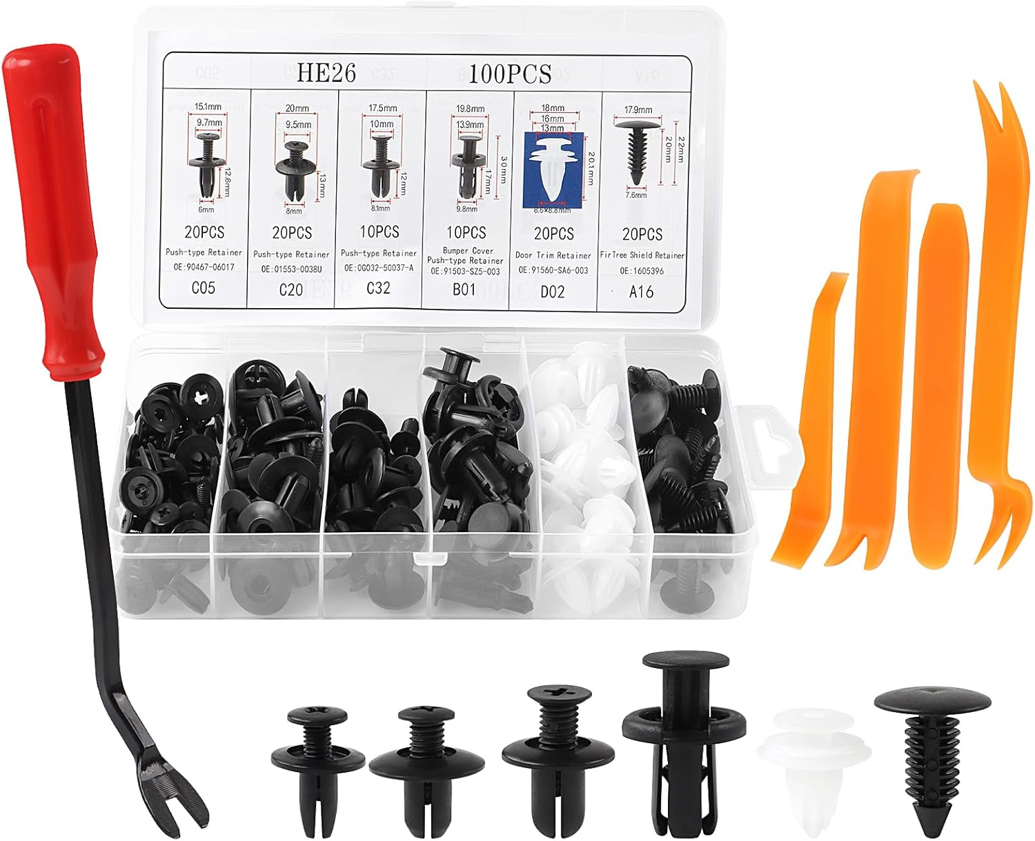 100 Piece Push in Bumper Repair Kit, Universal Car Trim Clips with 5 Removal Tools, Expansion Screws Replacement Kit image number 2