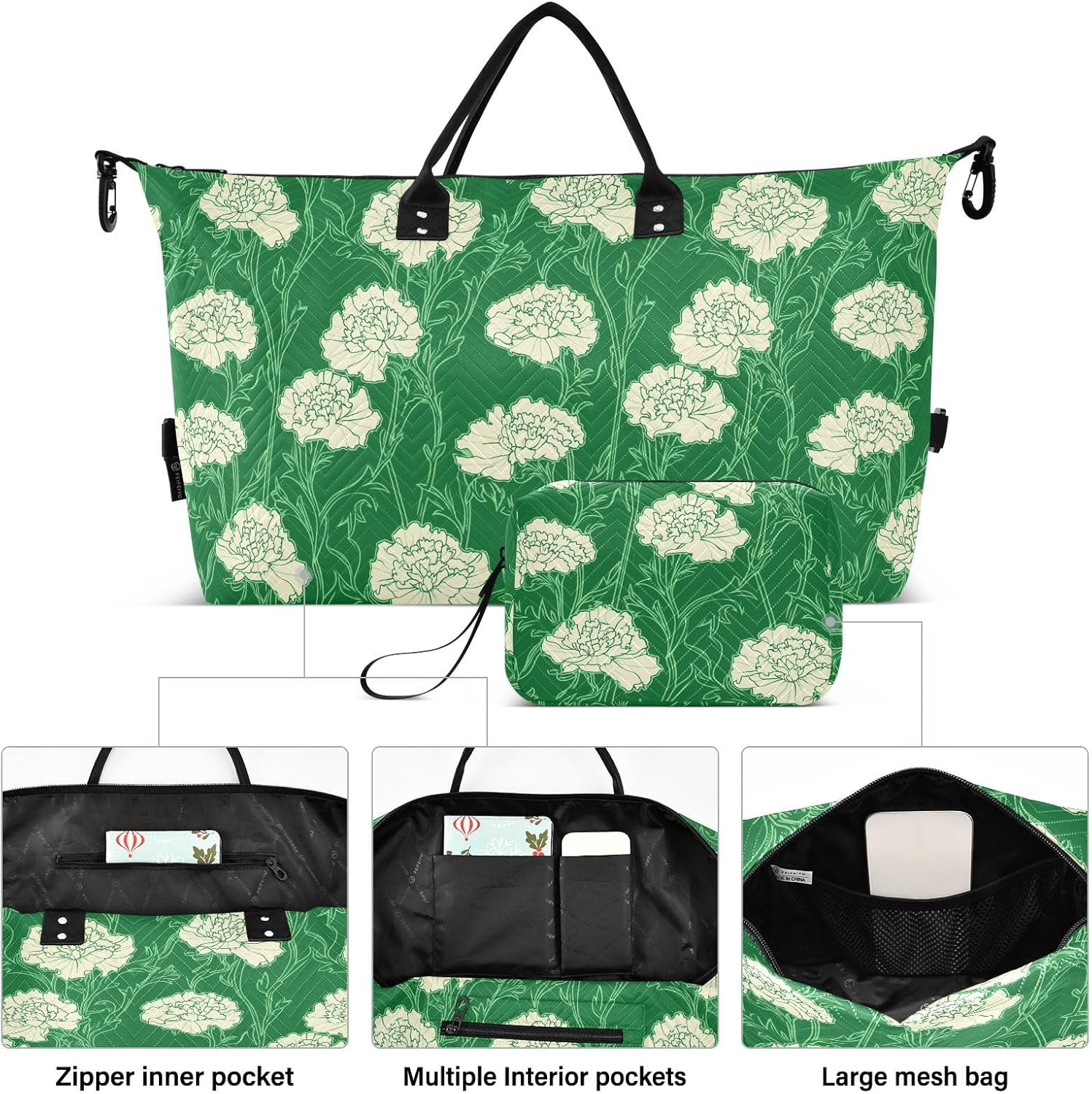 Overnight Travel Duffel Bag Travel Weekender Gear Bag Gym Carry on Duffel Bags with Adjustable Strap for Business Trips Waterproof, Carnation Lace Grass Green image number 2