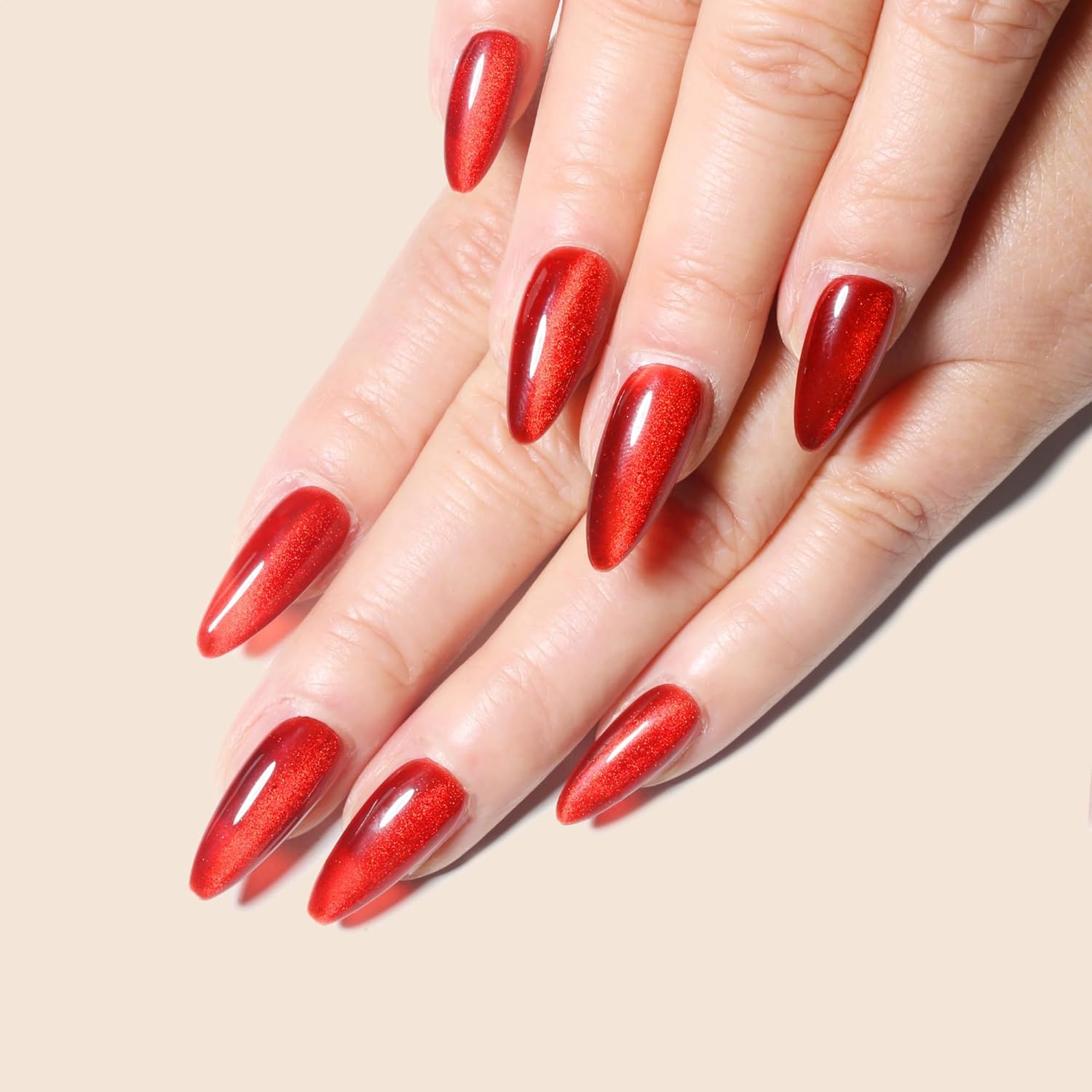 Sun&Beam Nails Handmade Press-On Medium Long Amlond Red Ruby Magnet False Nail Tips Design Fashionable 10 Pcs Set (#162 M) image number 3