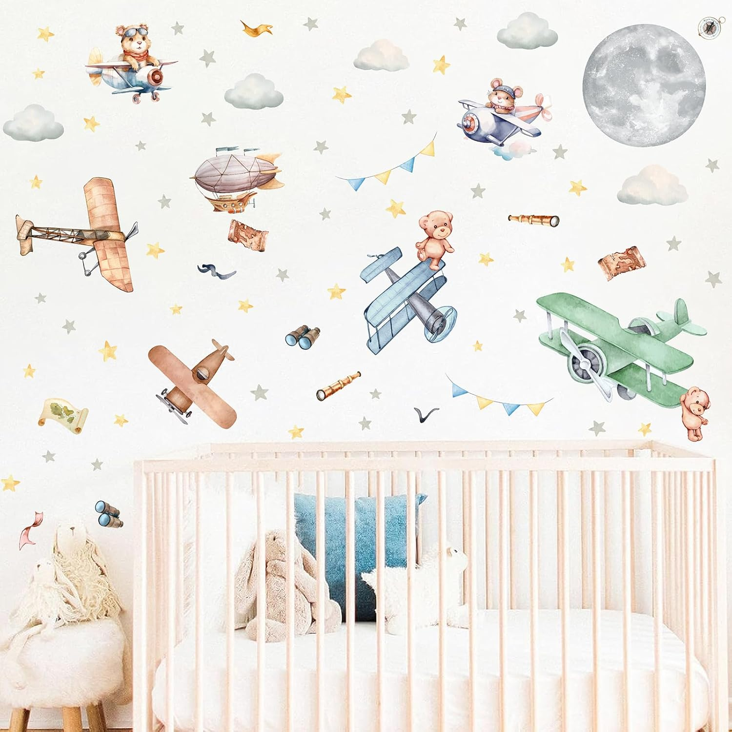 Vintage Airplane Wall Decals Cartoon Aircraft Balloon Animal Wall Stickers Moon Star Cloud Fabric Wall Stickers Cute Helicopter Watercolor Plane Wall Decals for Boys Room Kids Bedroom Nursery Decor