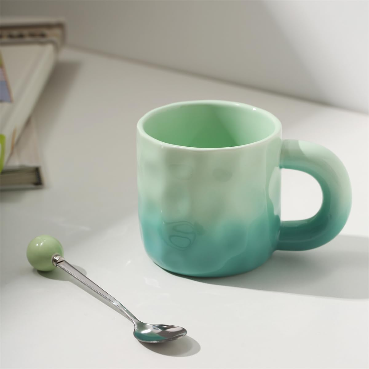 TREEWOO Creative Gradient Macaroon Color Ceramic Handmade Coffee Mug with Chubby Handle and Spoon Cute Breakfast Coffee Milk Cup for Family Friend (Green) - Purple image number 2