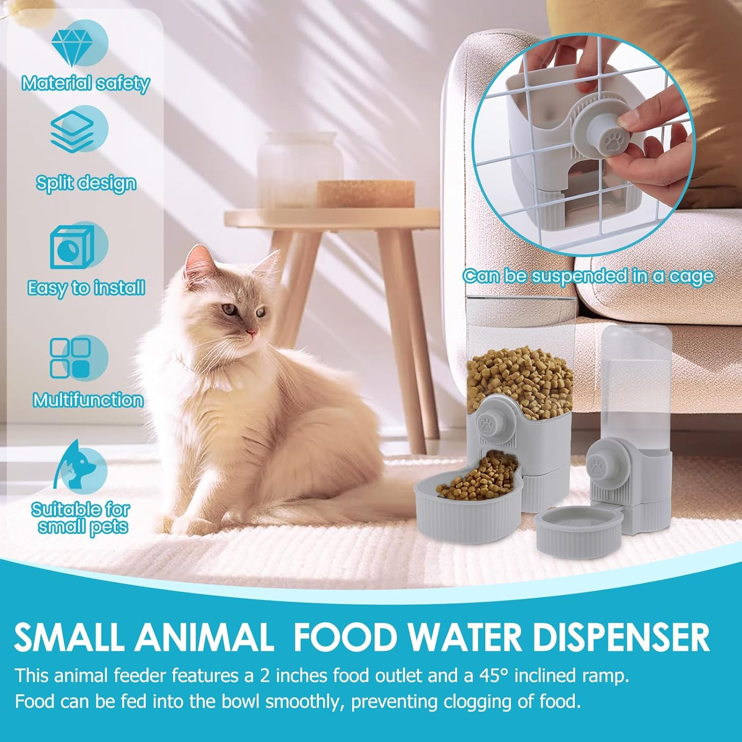 Rabbit Food Water Dispenser 520Ml Rabbit Water Dispenser 1200Ml Rabbit Food Dispenser Hanging Rabbit Water Bottle Dispenser Large Rabbit Feeder and Water Dispenser Set for Bunny Fulasun.(Style 1,Grey) - Grey image number 2