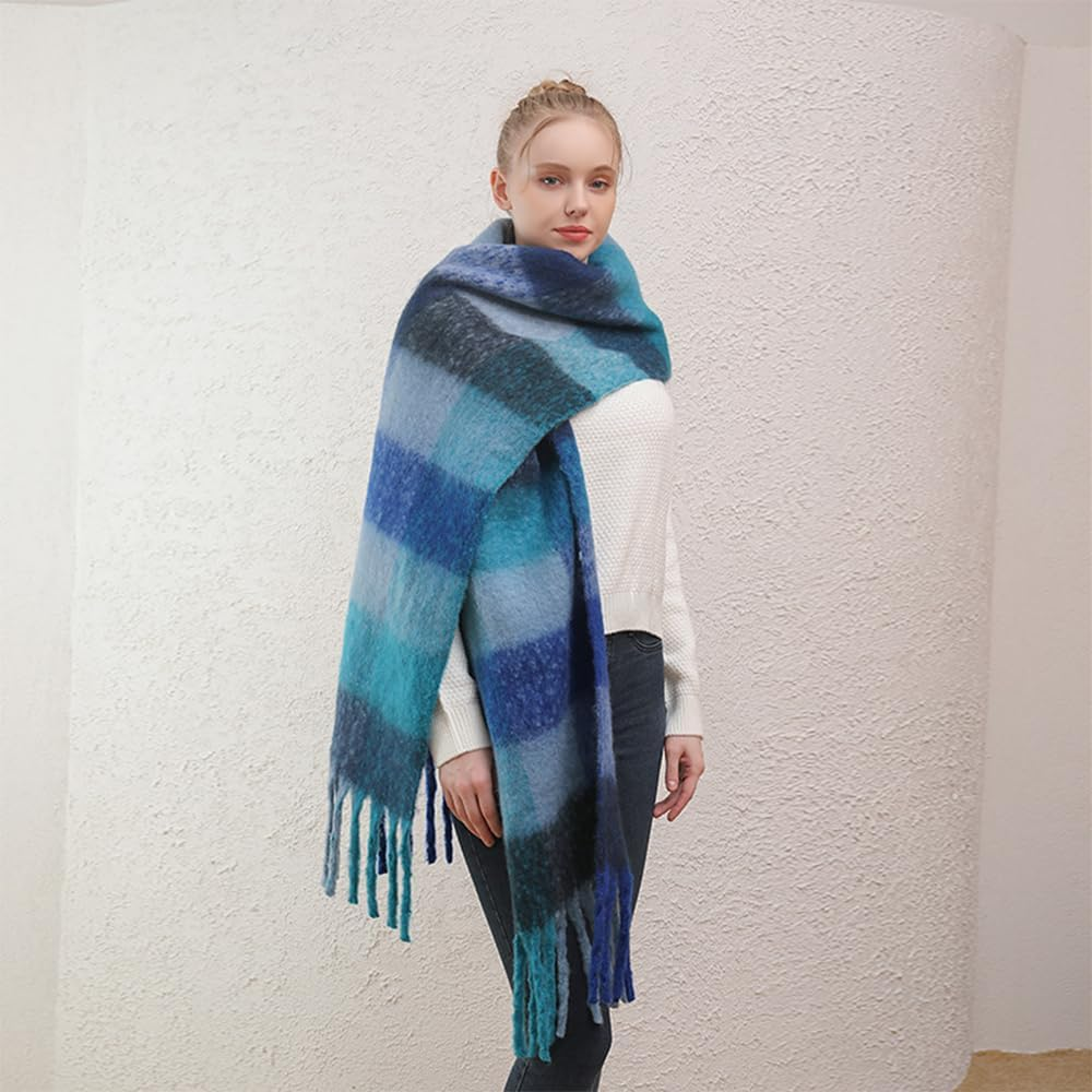 WYNAKESHU Women Scarf Winter Big Colorful Checked Thick Warm Wrap Scarves Casual Tassel Blanket Scarf Stylish Plaid Design image number 5