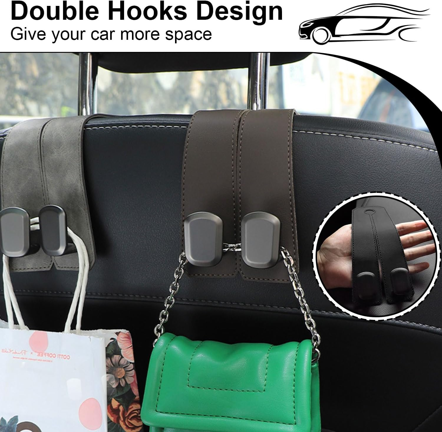 Elegananccy 2 Pack Double Car Seat Headrest Hooks, Leather Car Purse Hanger Holder for Bags, Cars Organizer and Storage Accessories for Women(Black)