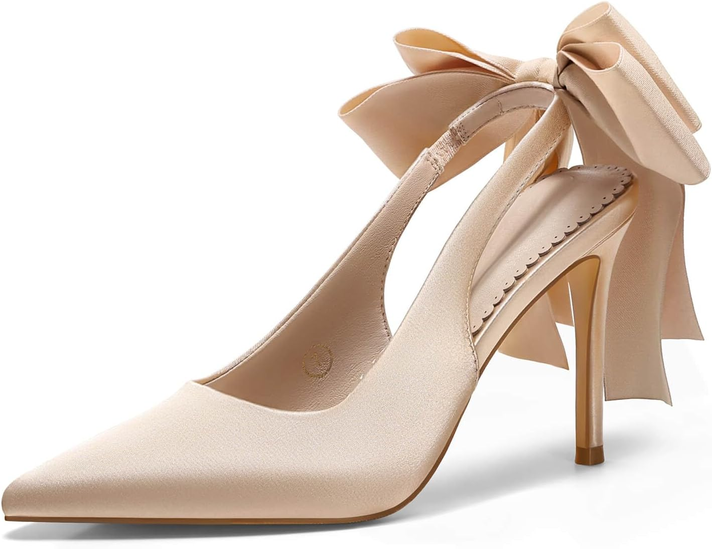Coutgo Womens Slingback High Heels with Bow Closed Pointed Toe Wedding Bride Dress Shoes Satin Pumps