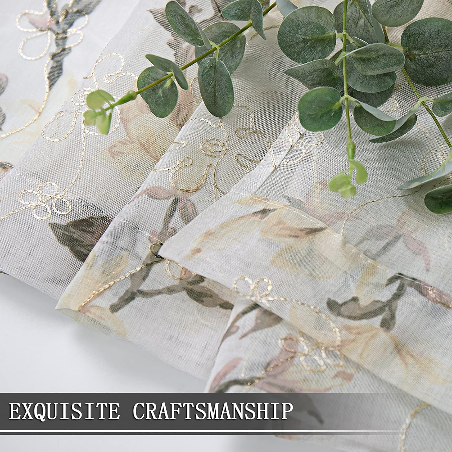 Tollpiz Floral White Sheer Curtain Flower Print Vine Embroidery Bedroom Curtains Rod Pocket Voile Window Curtain for Living Room, 54 X 84 Inches Long, Set of 2 Panels image number 4