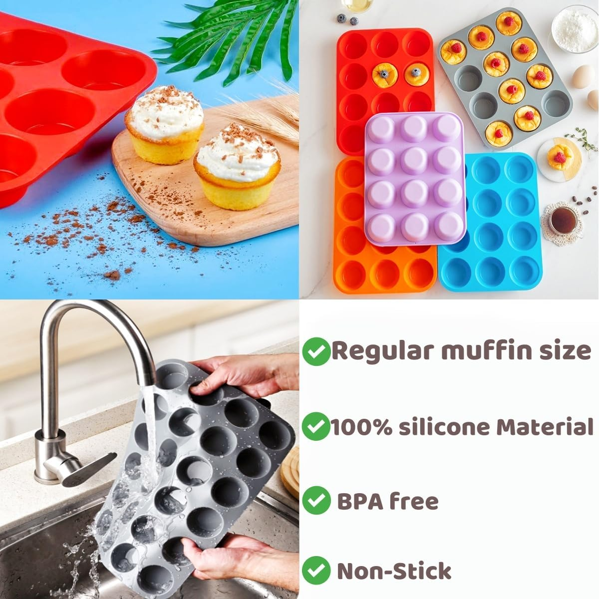 RJDJDLXM 2 Pack Muffin Tray, Silicone Muffin Mold 12 Cups, Cupcake Pan, Nonstick Baking Mould Dishwasher Safe for Muffin Tins, Cakes Microwave, Oven(Red) image number 3