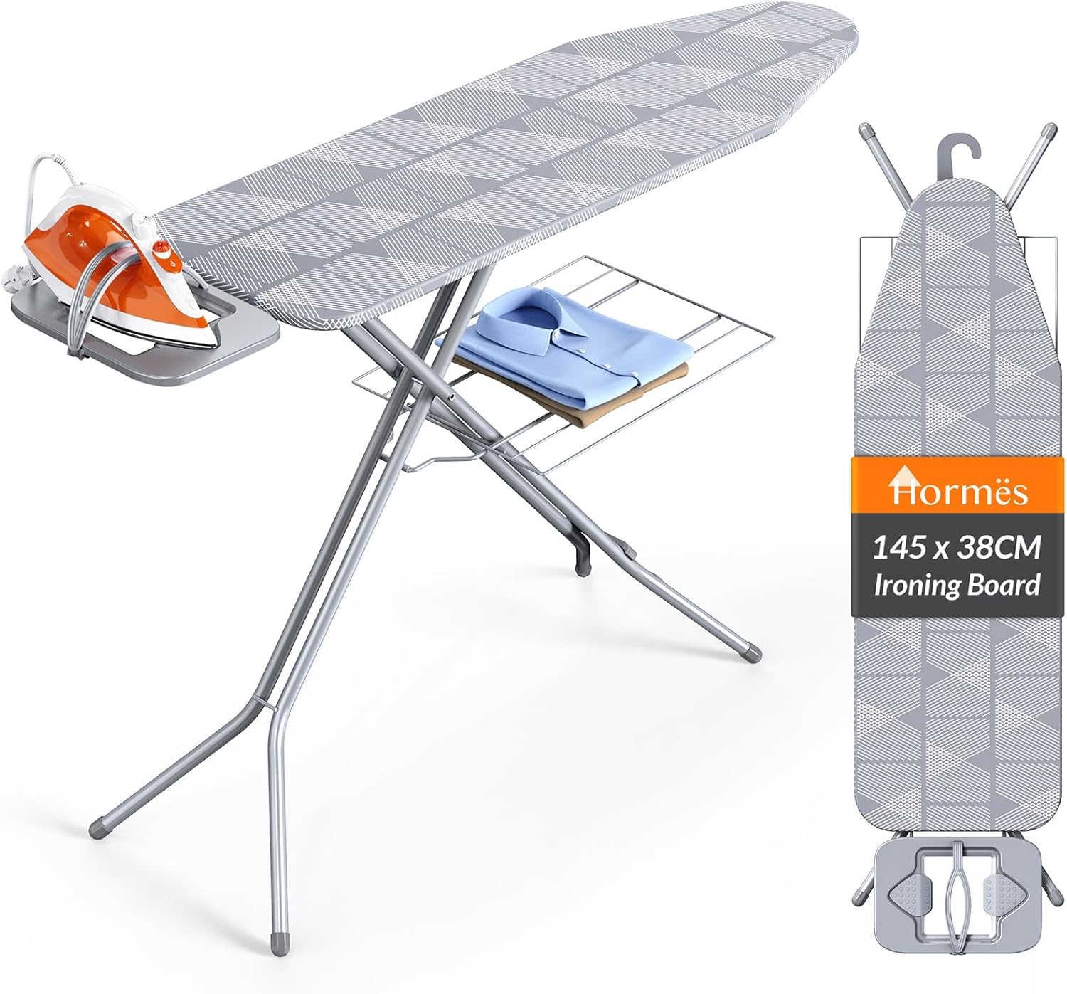 Hormes Ironing Board, 145X38Cm Iron Board with Steam Iron Rest, 7 Adjustable Height Foldable Ironing Boards with Removable and Washable Cover, Wall Mount Hanger for Space-Saving Storage Home Use, Grey