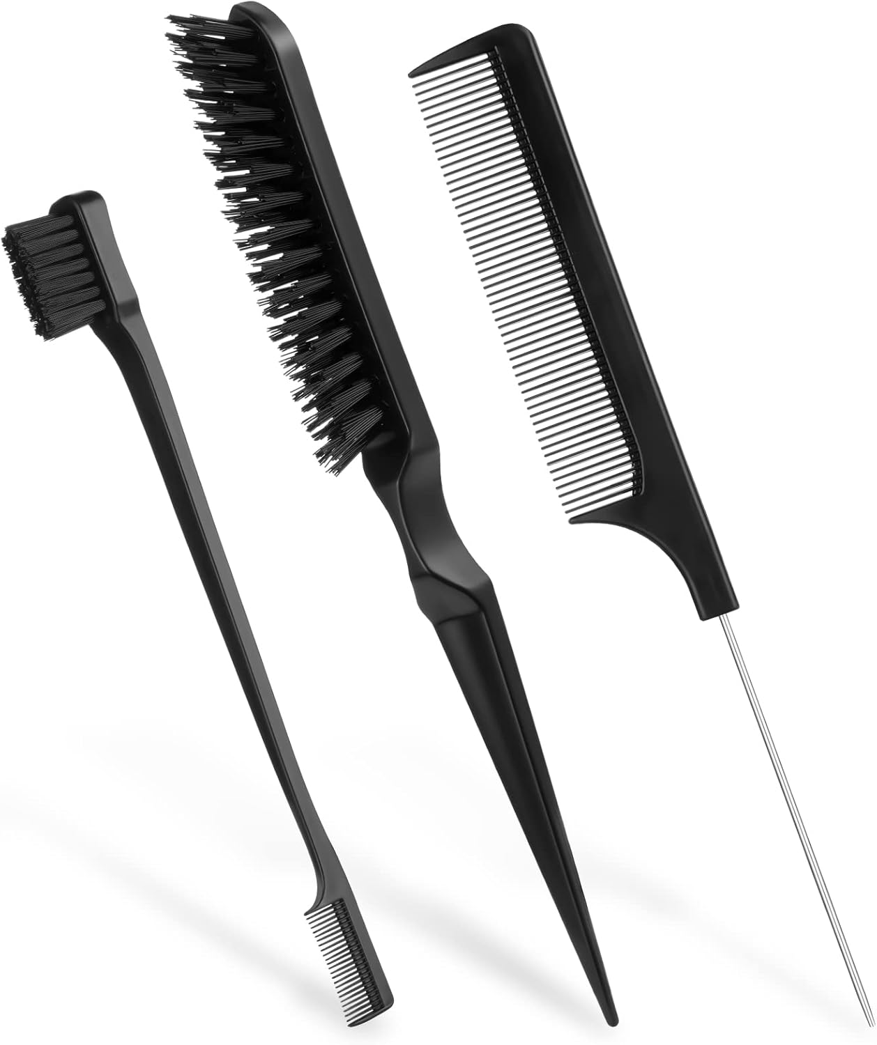 AOOWU 3 Pcs Slick Brush Set, Volume Creating Teasing Brush Set, Hair Styling Comb Set Include Bristle Hair Brush Double Sided Edge Brush Rat Tail Comb for Women Kids Edge Back Hair Smoothing (Black)