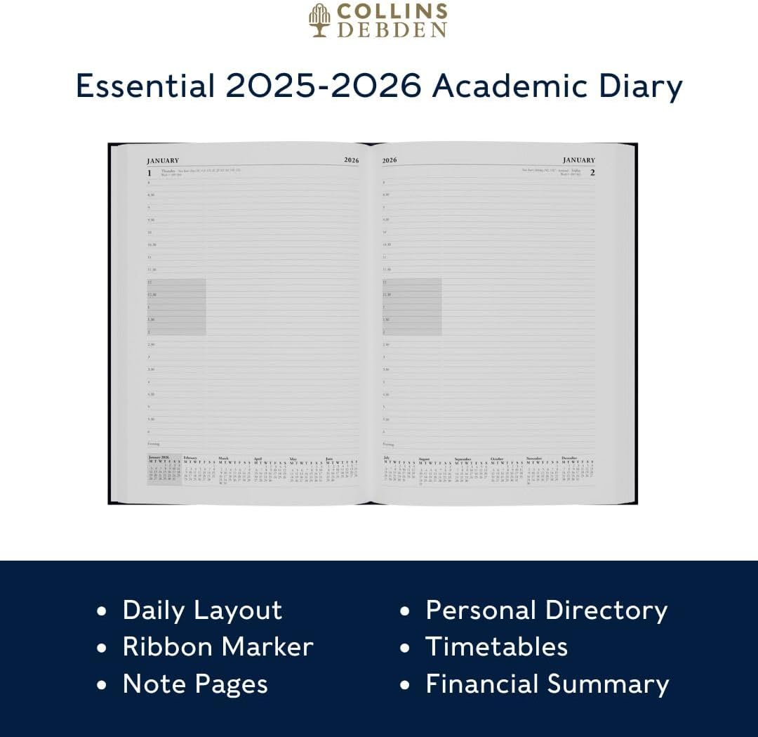 Collins 'Essentials' 12 Month Mid/Academic Year Planner, July 2025-July 2026 Day-To-Page Appointments Diary, A4 Hard Cover, Pink image number 5