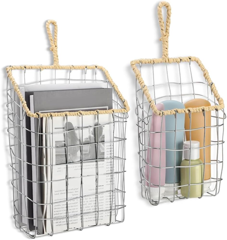 2 Pcs Hanging Wall Storage Baskets &ndash; Rustic Handwoven Wire Organizer for Kitchen, Bathroom, Pantry, Mail, Files image number 5