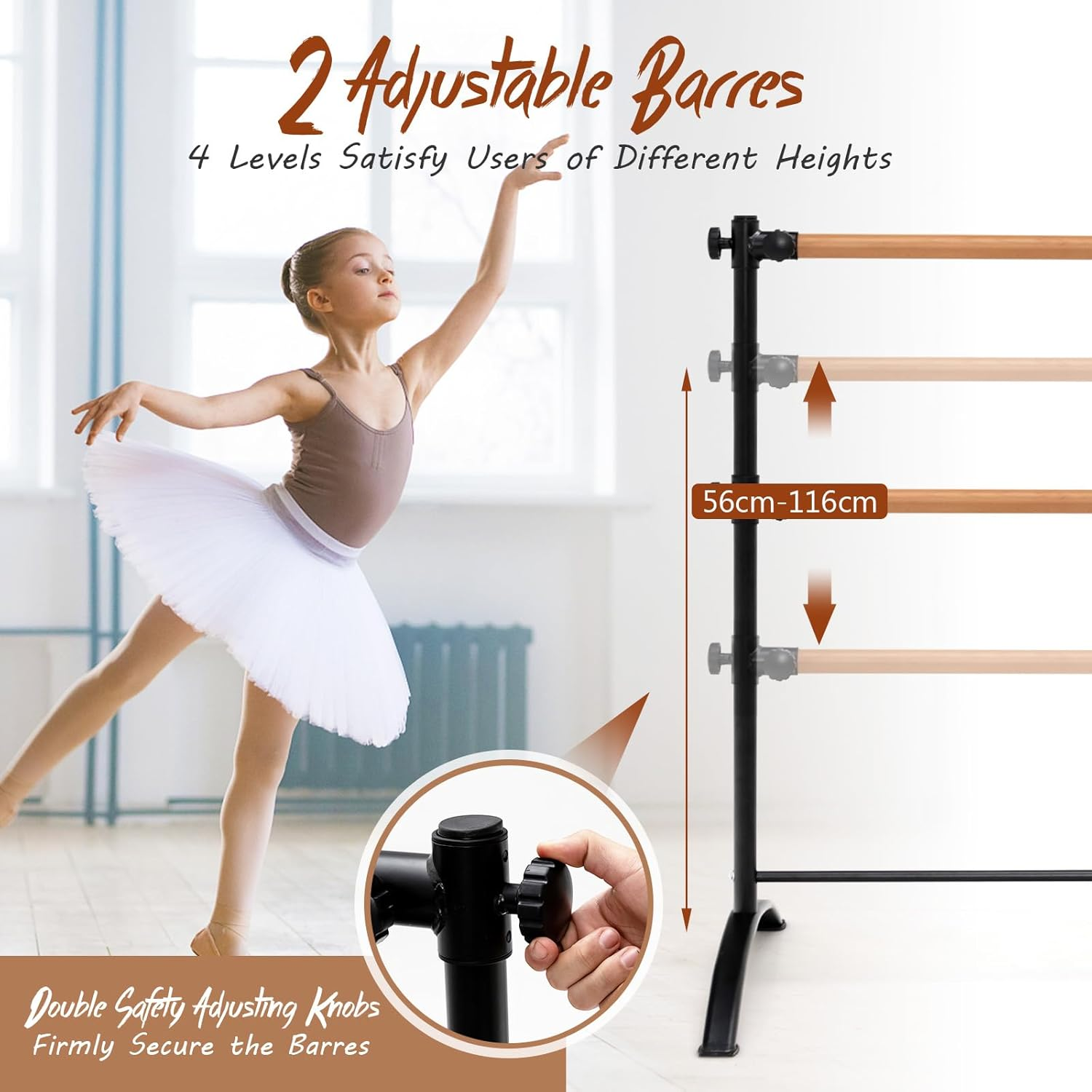 Costway 125 CM Portable Ballet Barre, Freestanding Dance Bar with 4-Position Adjustable Heights, Adjustable Freestanding Double Ballet Barre for Dancing & Stretching image number 4
