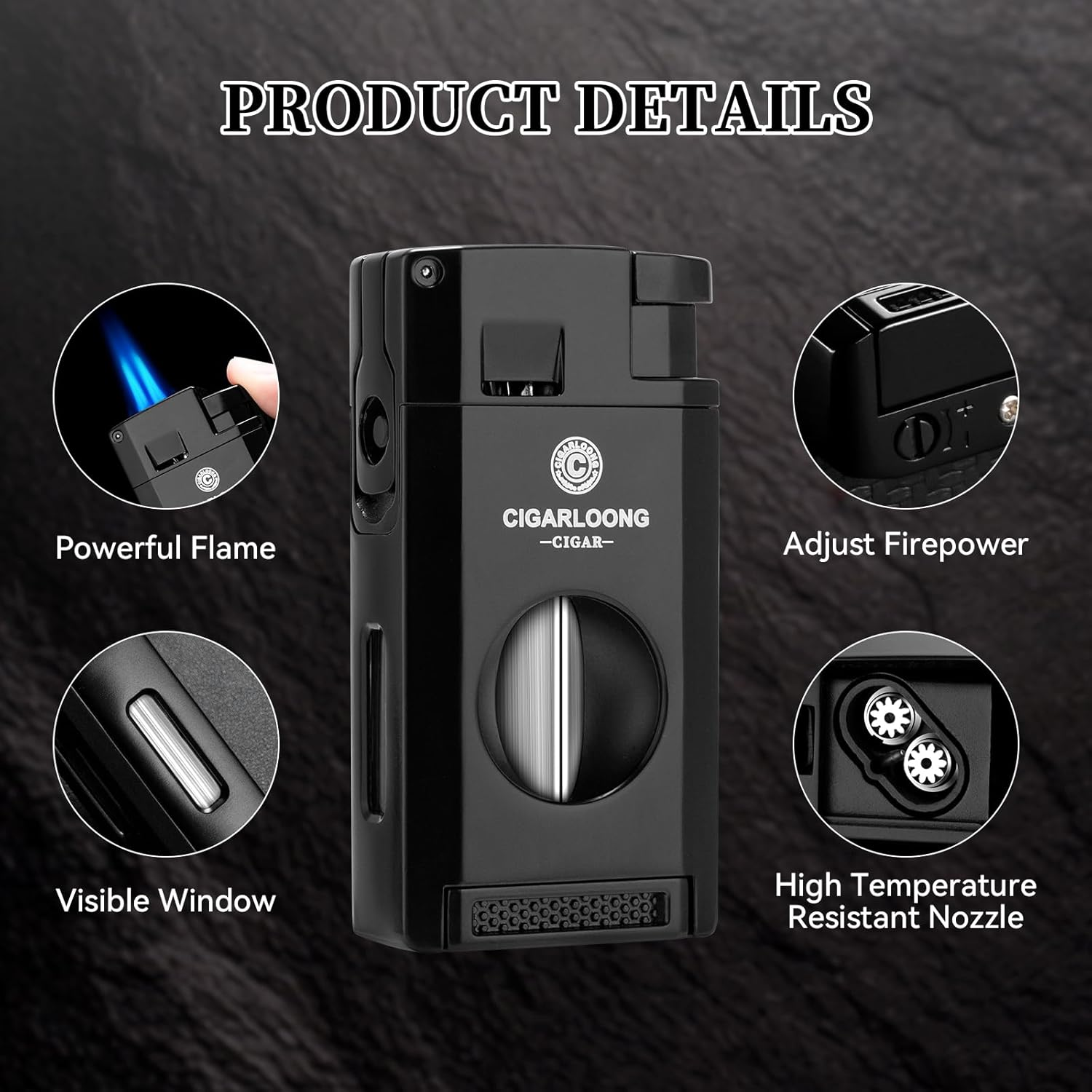 Cigar Lighter with Twin Jet Flame, Storm Lighter, Refillable Gas, Lighter with Cigar Punch and Cigar Holder & V Cut Cigar Cutter, Gift Box, without Gas(Black) image number 1