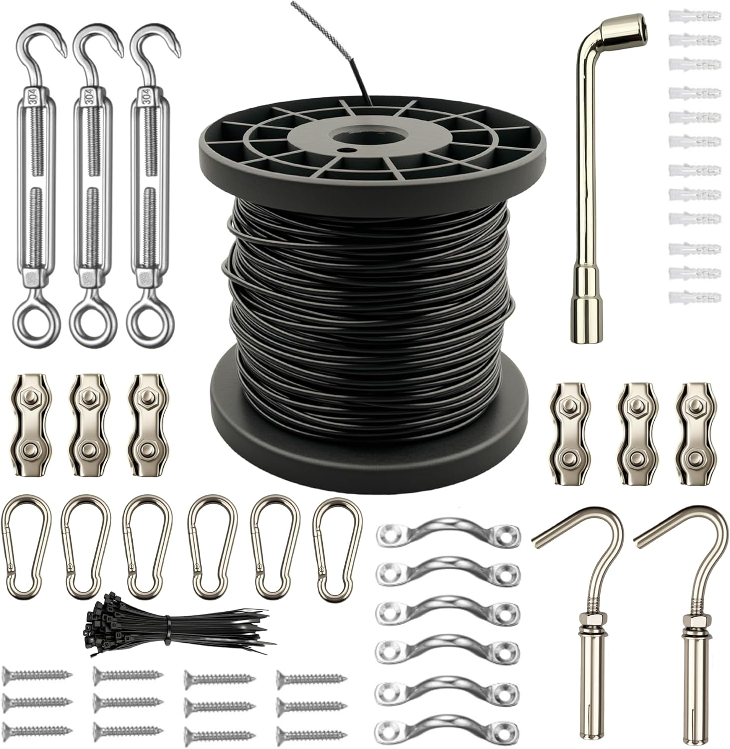 50 Meters Stainless String Lights Hanging Suspension Cable Kit,Yenghome Outdoor Light Guide Wire Rope,Vinyl PVC Coated 304 Stainless Steel Wire Cable with Turnbuckles,Screws and Hooks image number 5