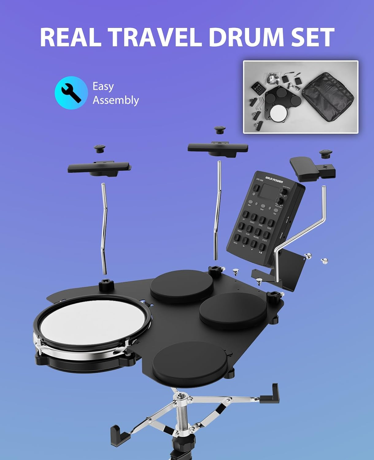 Electronic Drum Set, Portable Electric Drum Set for Beginner with Snare Quiet Mesh Drum Pads, 220 Sounds, 2 Switch Pedal, Tabletop Kids Drum Kit with Sticks, Travel Bag image number 1