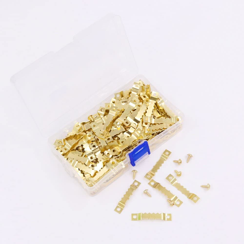 120Pcs Golden Stainless Steel Sawtooth Picture Hangers Frame Hanging Hangers Double Hole with Screws for Picture Painting Frame Cross-Stitch image number 6