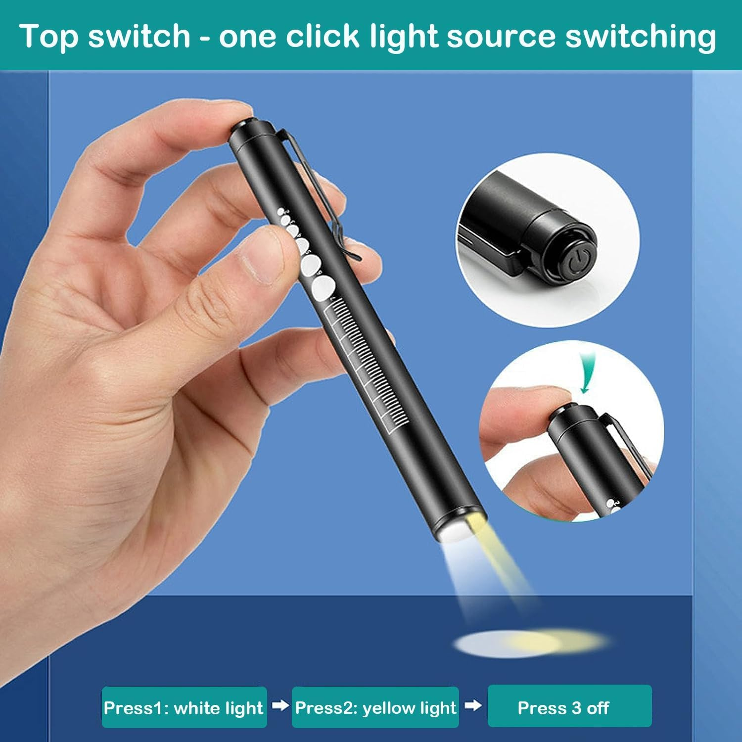 KEWAYO 2Pcs Pen Light, Reusable LED Penlight for with Pupil Gauge & Ruler, USB Rechargeable, Extra Warm Light Bulb, Pocket Clip Mini Flashlight(Black, Silver) image number 3