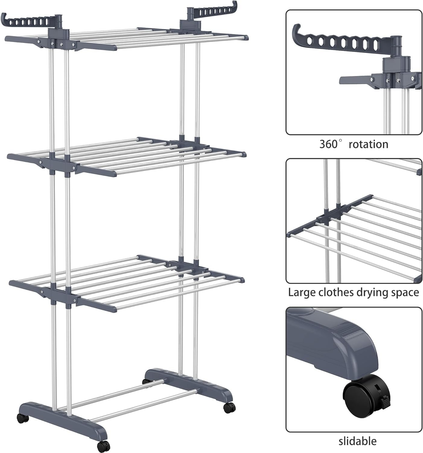 FIME. Clothes Drying Rack, 3 Layers Folding Clothes Rail of Clothes Hanger Sturdy Laundry Garment Dryer Stand with Two Side Wings (Grey) image number 3