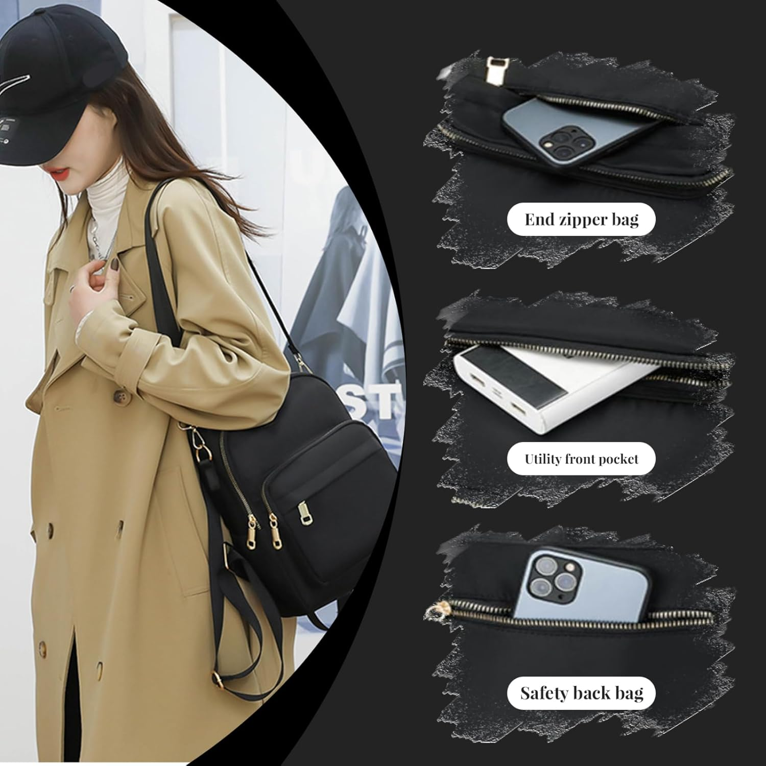 Mini Backpack Mini Backpack for Women Multi-Pocket Minimalist Black Small Backpack with Tote & Shoulder Strap Adjustable Waterproof Backpack Purse for Business, School, Travel Small Backpack