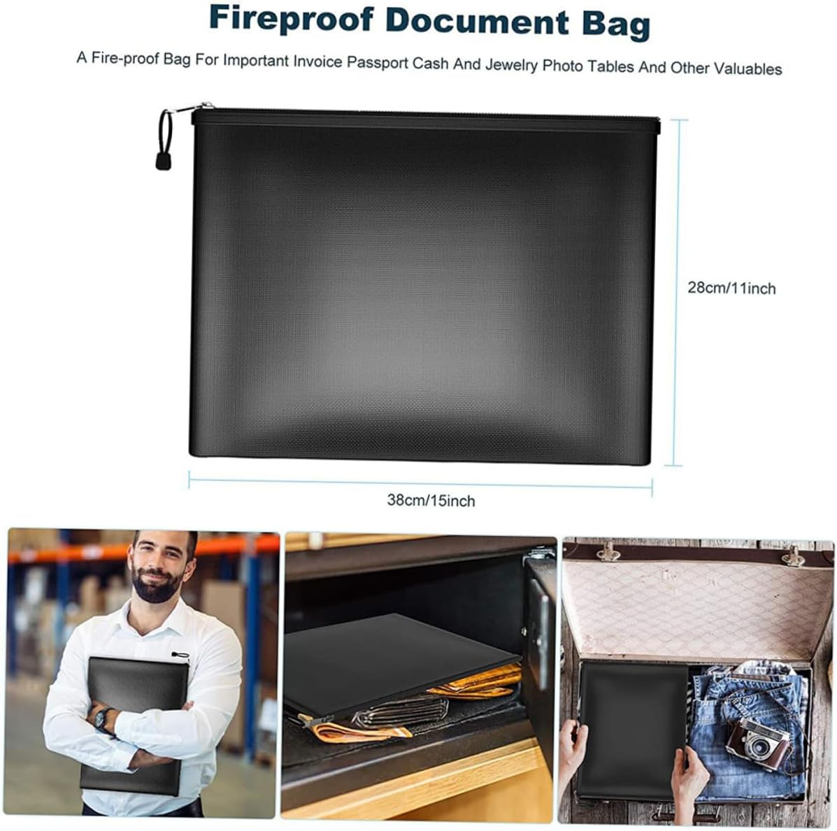 OSALADI Fireproof Money Bag Waterproof Document Holder with Zipper for Safe Storage of Important Documents, Cash, and Valuables image number 4