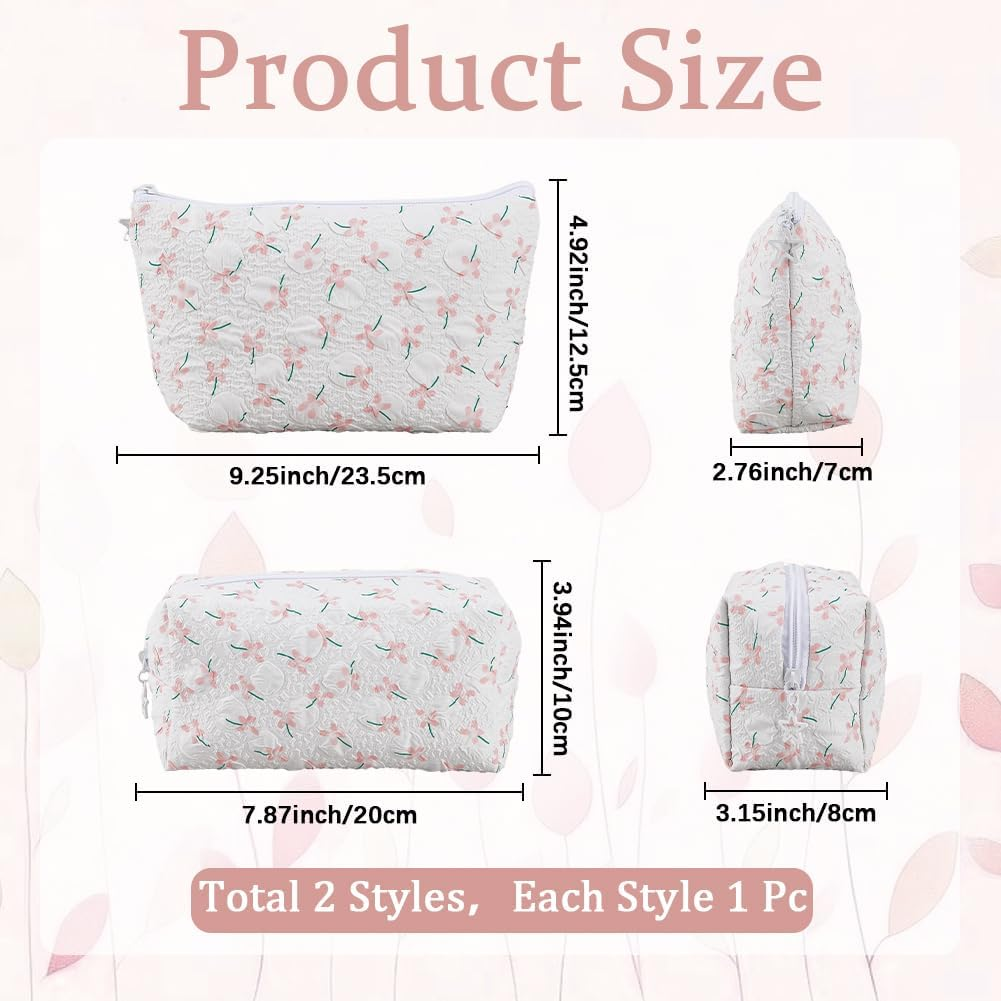 CABODYALS 2 Pieces 2 Styles Flowers Travel Cosmetic Bags Set White Quilted with Zip Make up Bags Cute Flowers Portable Storage Toiletries Organiser Make up Fabric Bag Bulk Pack - Blue image number 7