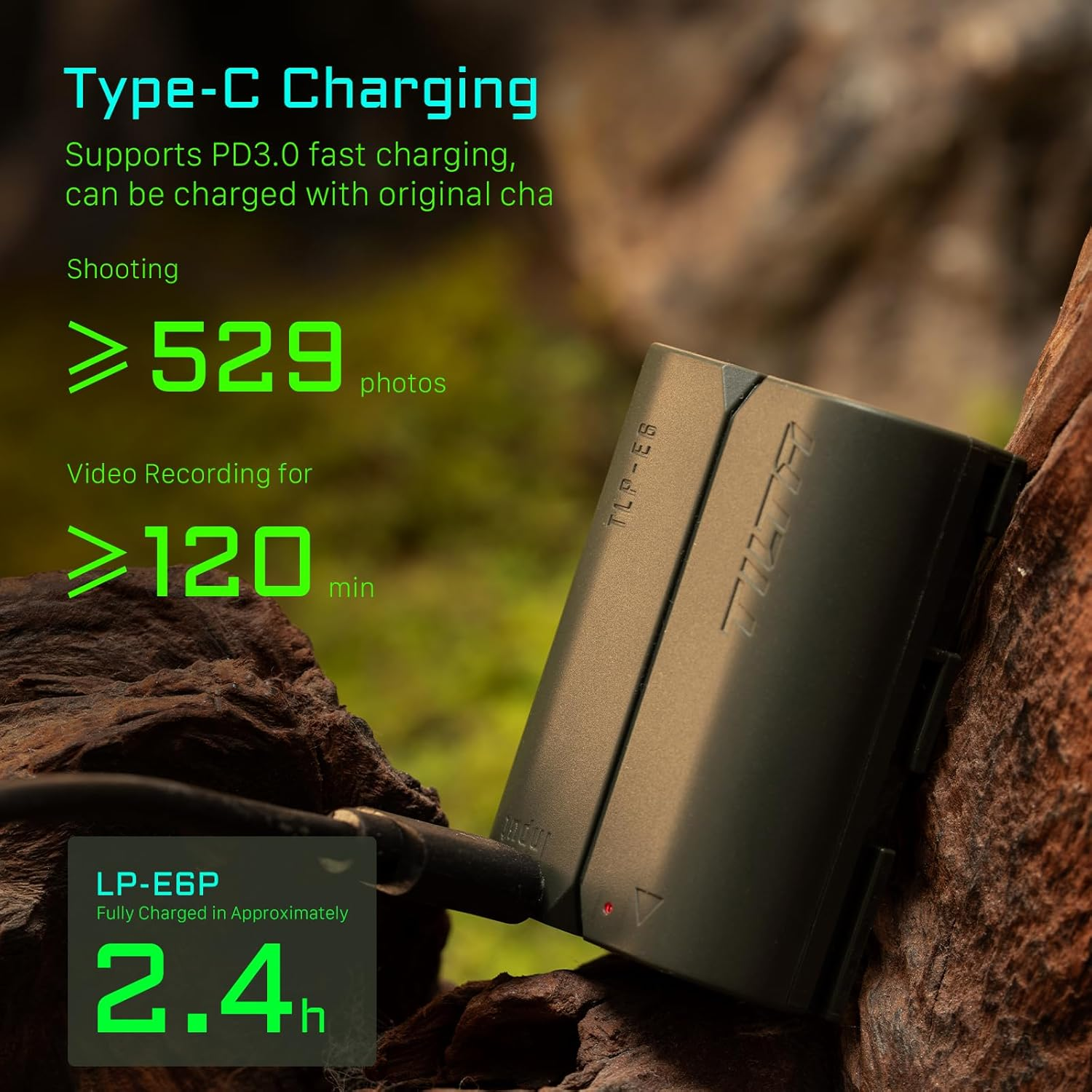 Tilta LP-E6P 2400Mah Rechargeable Battery with USB-C Input | Compatible with Canon EOS R5 Mark II, R6 Mark II, R7, R6, R5, R, 5D Mark IV, 6D, 7D Mark II, 90D, 80D, 70D, 60D, 60Da &ndash; Green image number 4