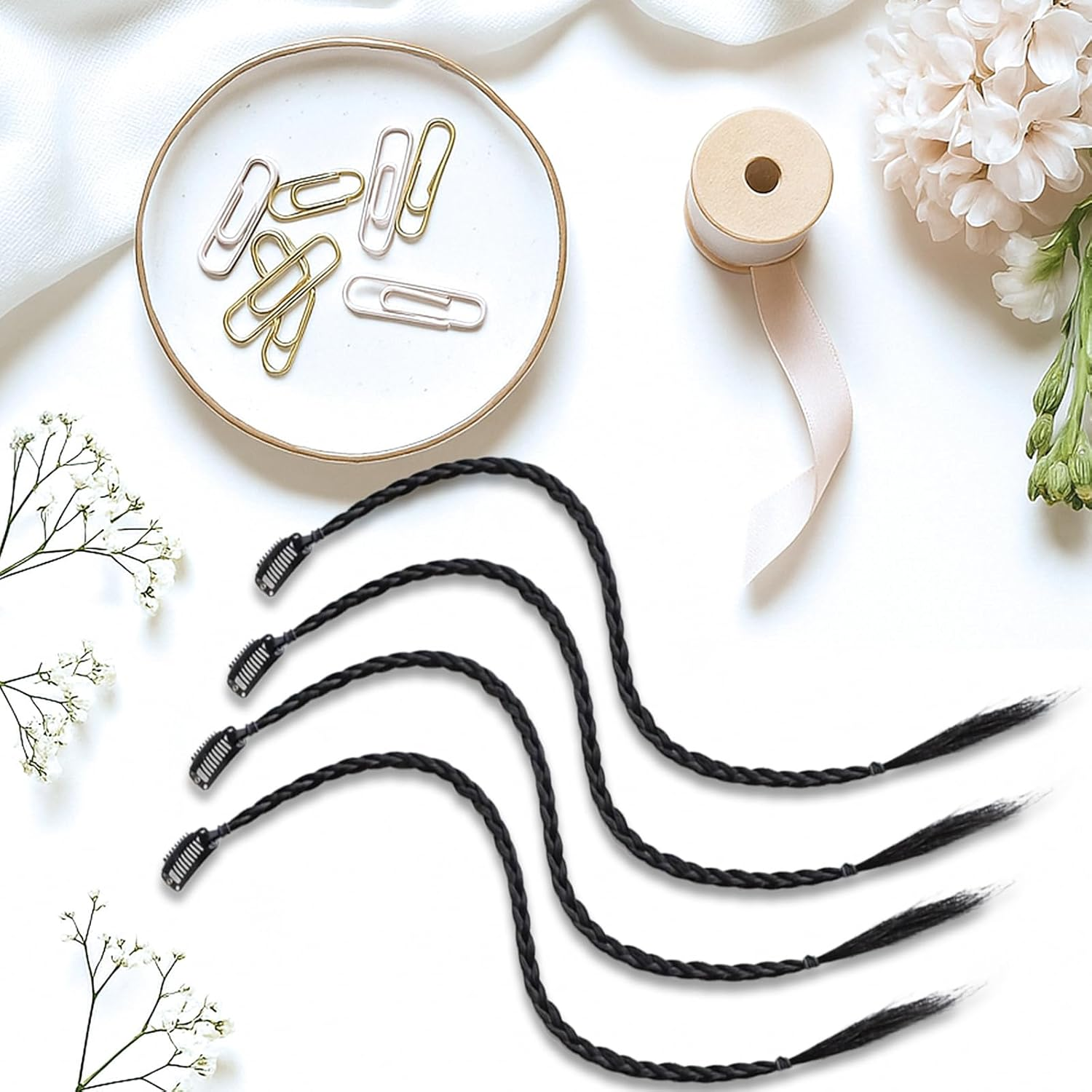 4 Pieces Clip-In Braid Hair Extensions, Synthetic Hairpieces, Dreadlock Extensions, Clip-In Braiding Hair Extensions, Black, for Women, Hip-Hop Style image number 2