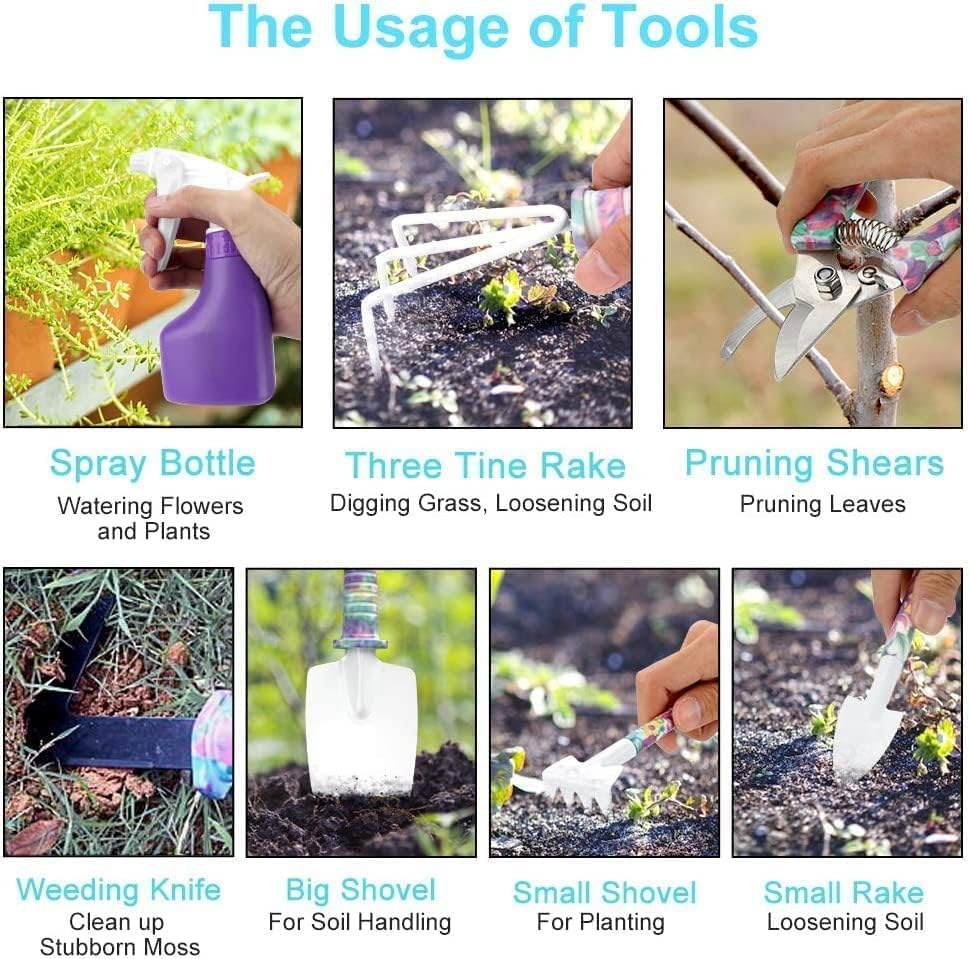 Garden Tools Set, 10 Pieces Gardening Gifts Stainless Steel with Storage Case with Garden Trowel Pruners, Rake, Shovel, Trowel, Sprayer, and More -Garden Gifts for Men & Women (Purple 10Pcs Set) image number 1