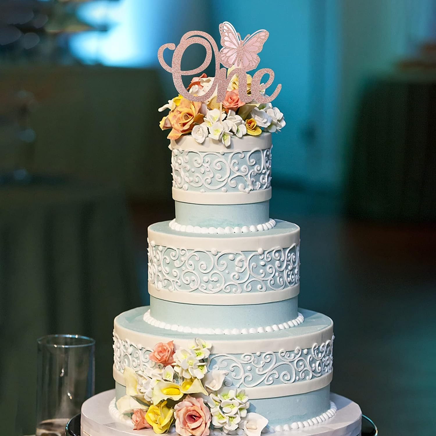 SYKYCTCY 1 Pack Butterfly One Cake Topper Glitter Butterfly 1St Birthday Cake Pick for Butterfly Theme Baby 1St Birthday Baby Shower Party Cake Decorations Supplies Rose Gold - Gold image number 7