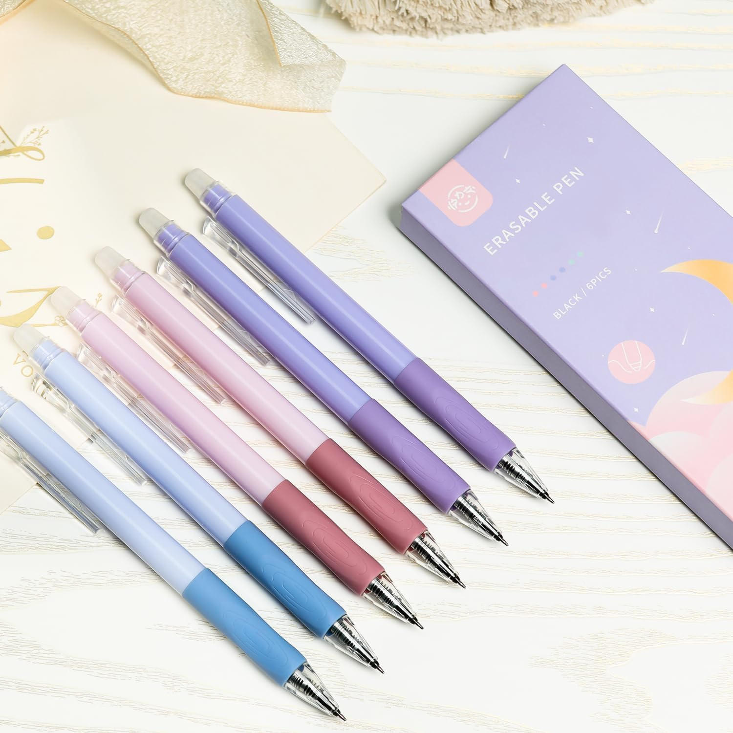 KAPASKI Retractable Erasable Gel Pens Clicker, 6Pcs 0.5Mm Black Ink Fine Point Smooth Writing Pens with Erasers, High-End Series Pens for School Office Home Supplies, Gifts for Girls Boys (Boys Style) image number 2