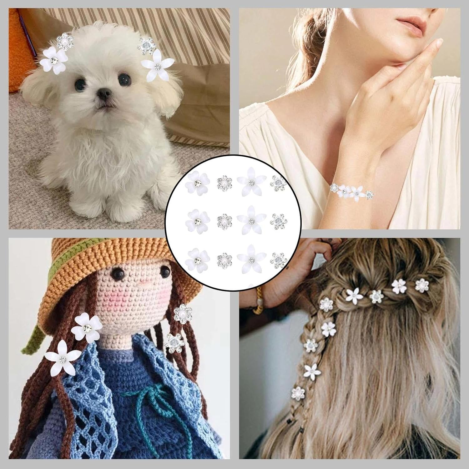 JOOTUEPO Pack of 20 White Small Flowers Hair Clips, Mini Cute Rhinestone Metal Hair Pins for Women, Small Decorative Wedding Hair Clips, Bridal Wedding Hair Accessories (4 Floral Patterns) image number 1