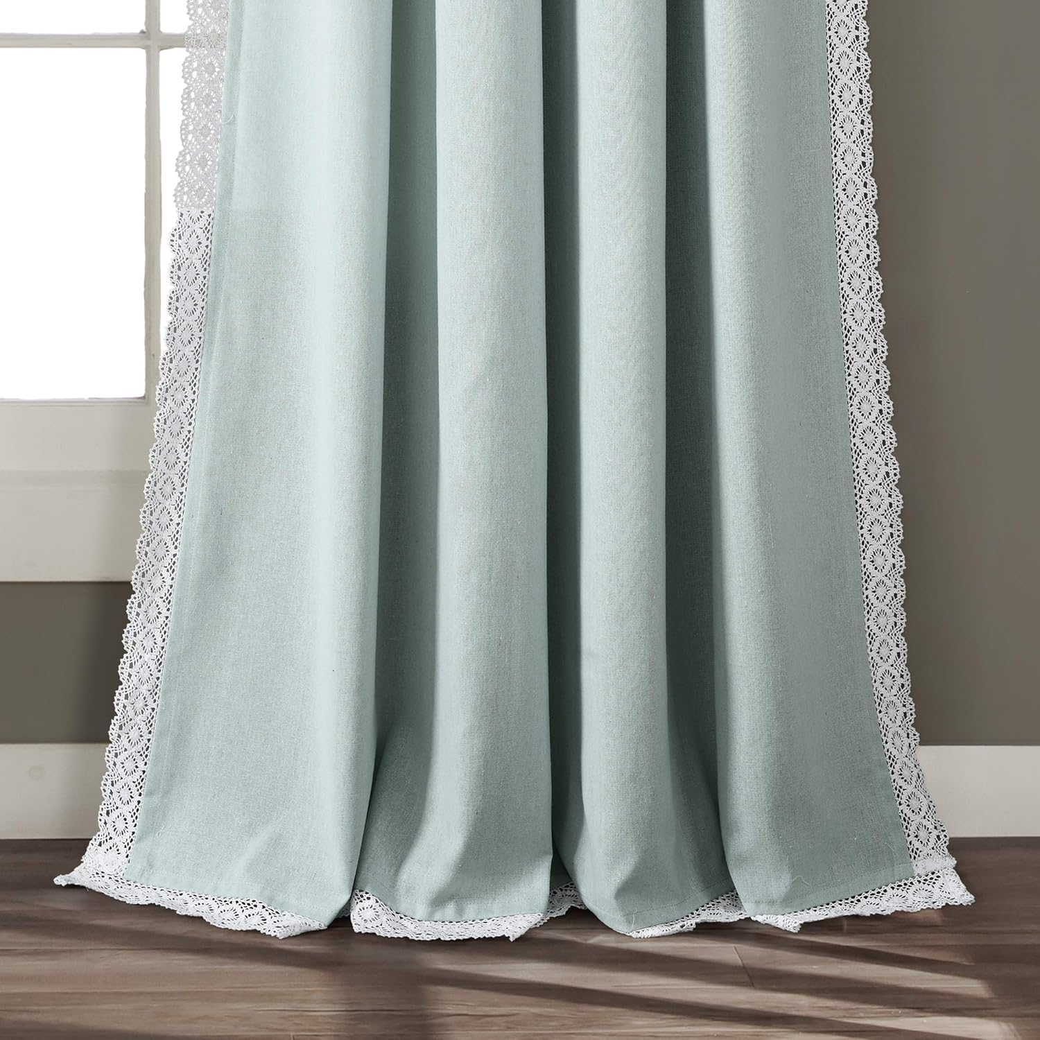 Lush Decor Rosalie Light Filtering Window Curtain Panel Set- Pair- Vintage Farmhouse & French Country Style Curtains - Timeless Dreamy Drape - Romantic Lace Trim - 54" W X 84" L, Blue image number 2