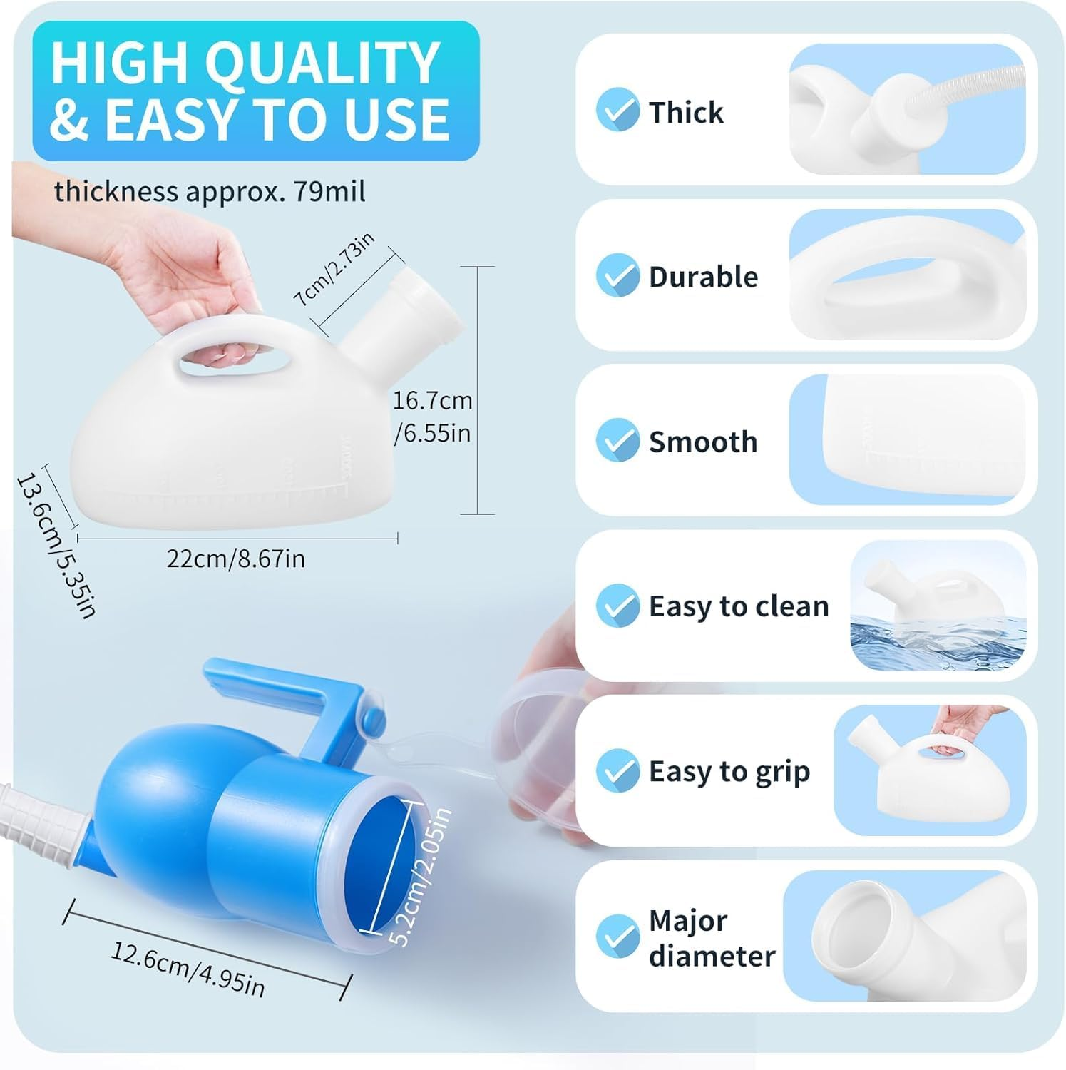 Portable Urinals for Men Spill Proof 2000Ml/0.53 GAL with 60" Long Hose and Lid, Men Urinal Bottle Reusable Male Pee Bottle for Elderly, Hospital, Travel, Camping, White image number 3