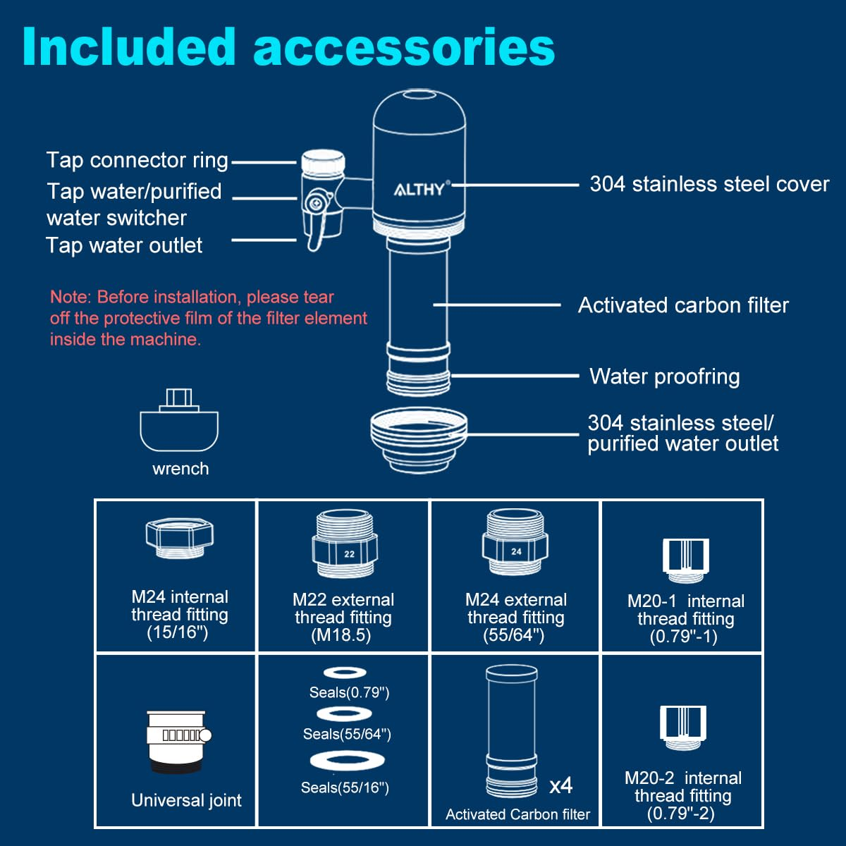 ALTHY Stainless Steel Faucet Mount Water Filtration System, Bpa-Free 400-Gallon Tap Water Filter Purifier for Sink, Certified Reduces Chlorine Heavy Metals & Bad Taste, Includes 1 System & 4 Filter image number 6
