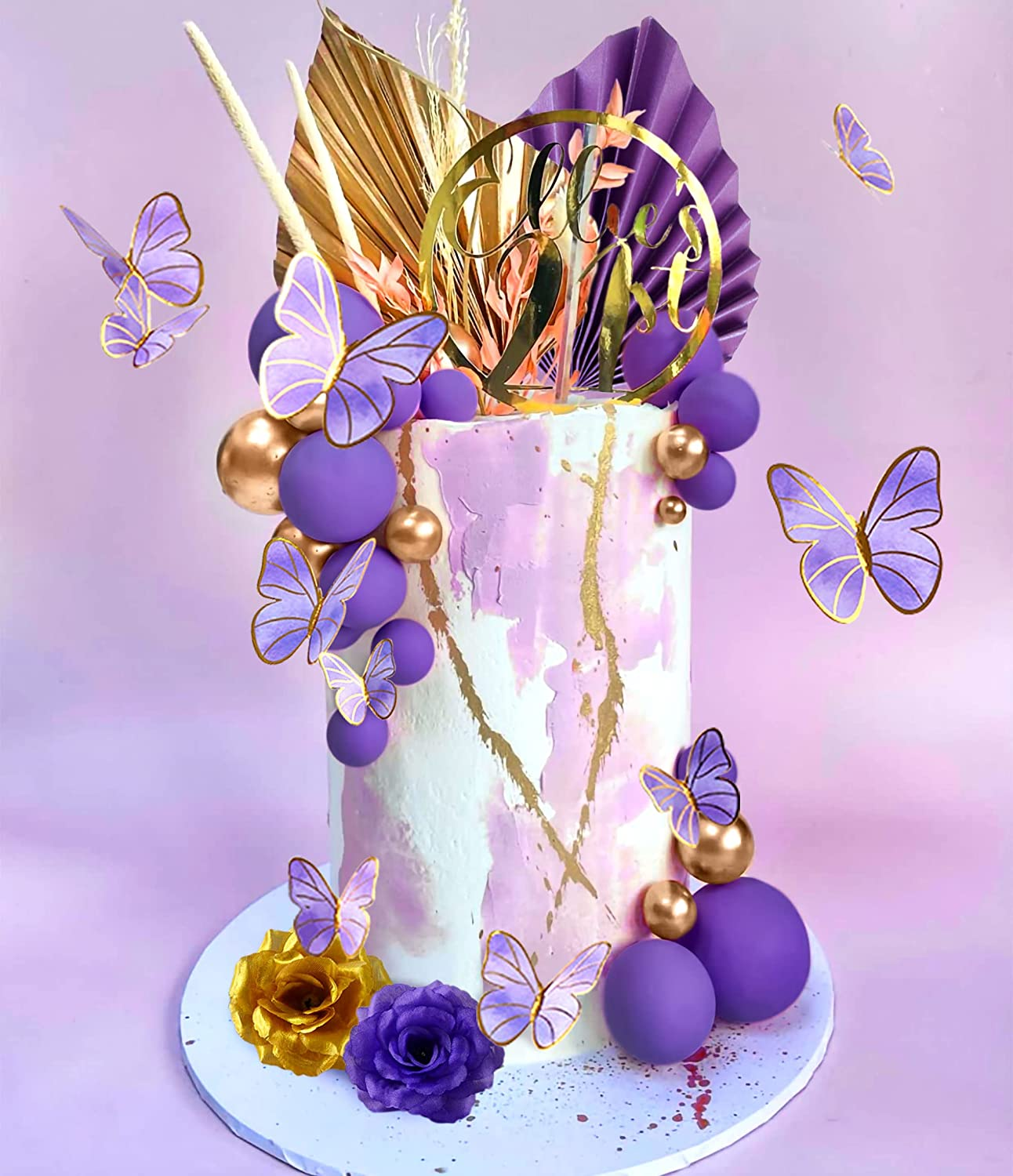 Jevenis Purple Cake Decorations Rose Cake Decoration Purple Butterfly Cake Decoration Palm Leaves Cake Decoration Balls Cake Decoration Wedding Cake Decoration Disco Cake Decor