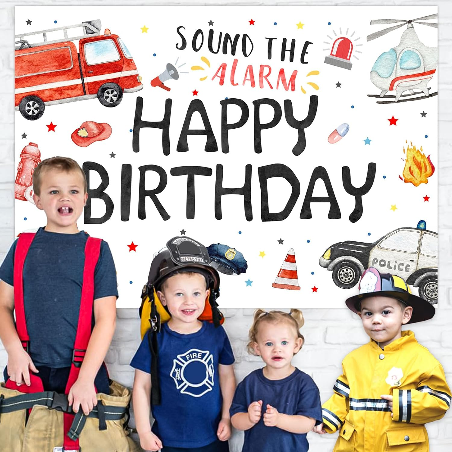 Wonmelody 7 * 5Ft Emergency Birthday Decorations Backdrop Happy Birthday Sound the Alarm Backdrop Banner Rescue Vehicle Birthday Party Supply Team Rescue Backdrop First Responder Transportation Party image number 5
